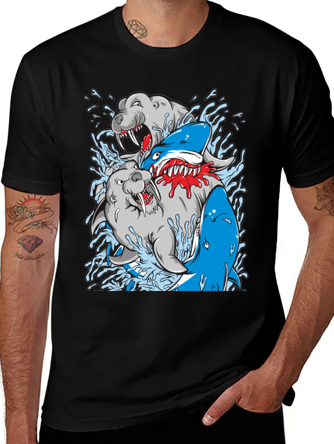 Shark vs Seal Graphic Print Black T-Shirt