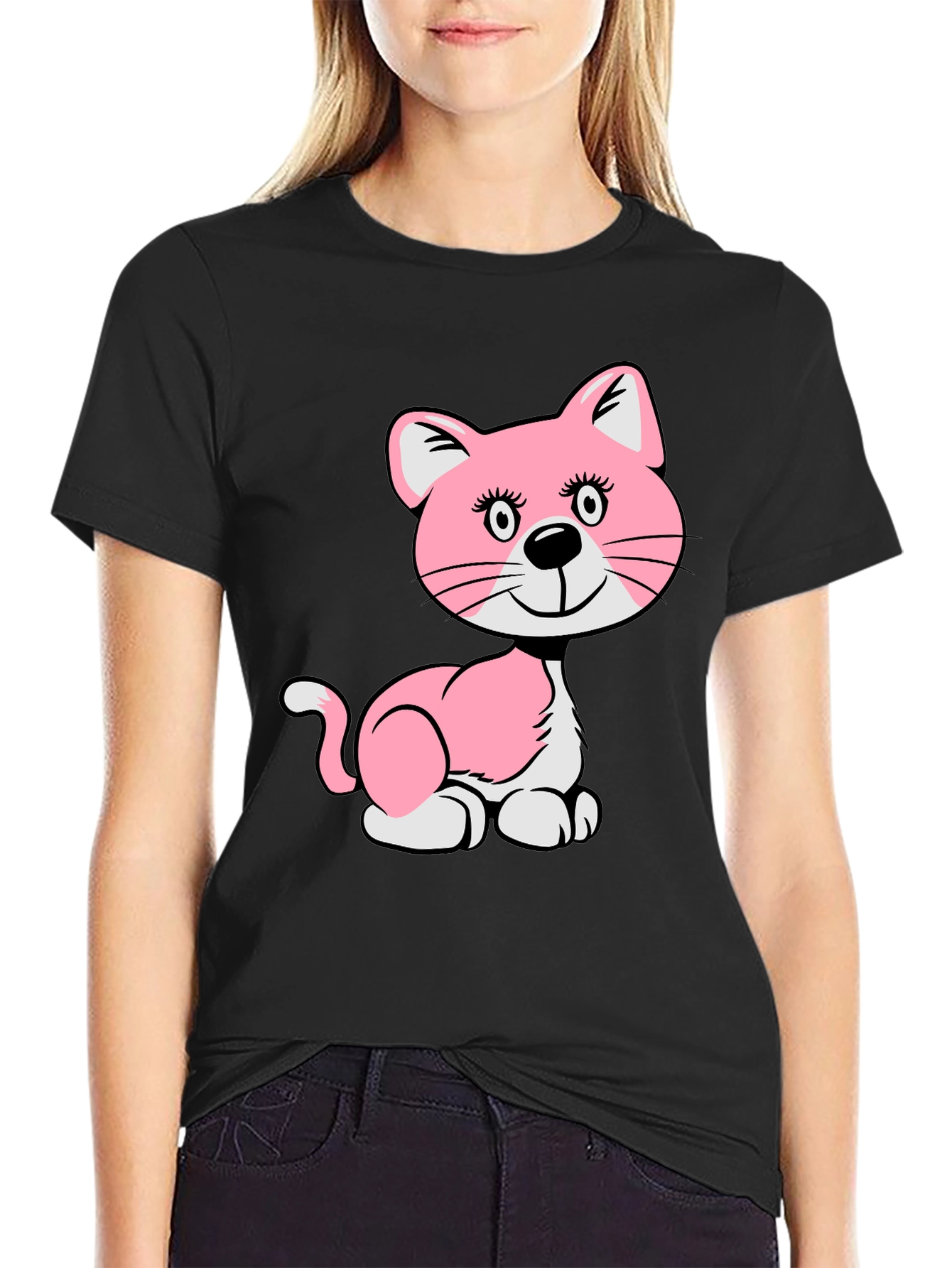 Cute Pink Cat Graphic T-Shirt - Unisex