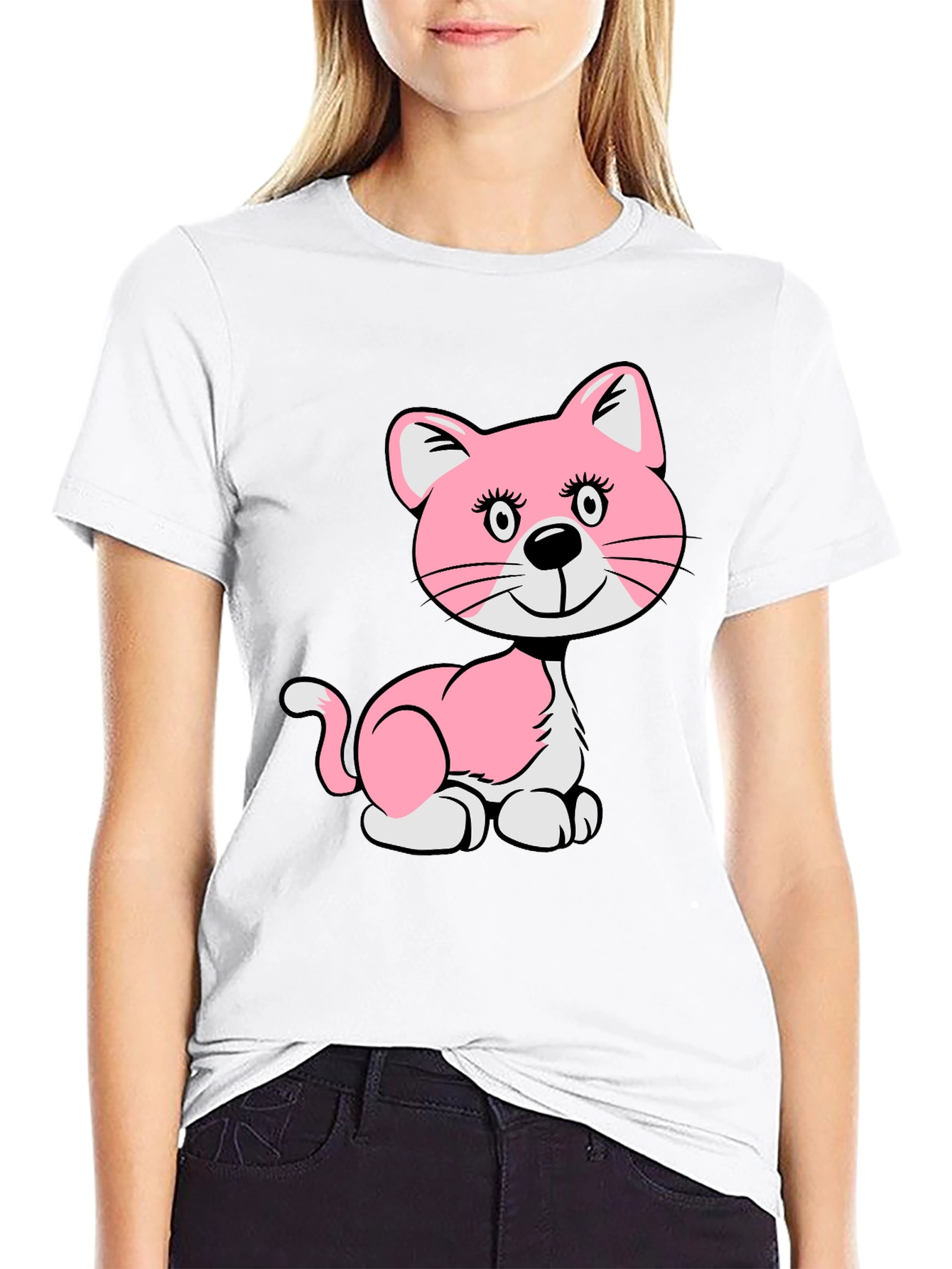 Cute Pink Cat Graphic T-Shirt - Unisex