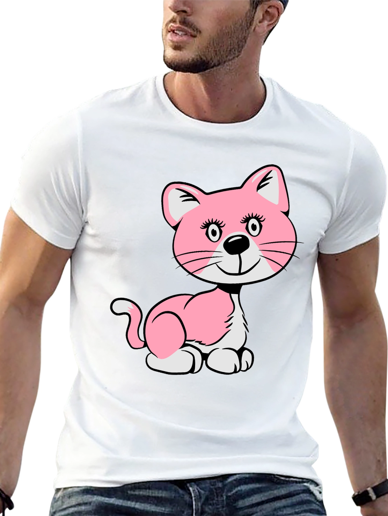 Cute Pink Cat Graphic T-Shirt - Unisex