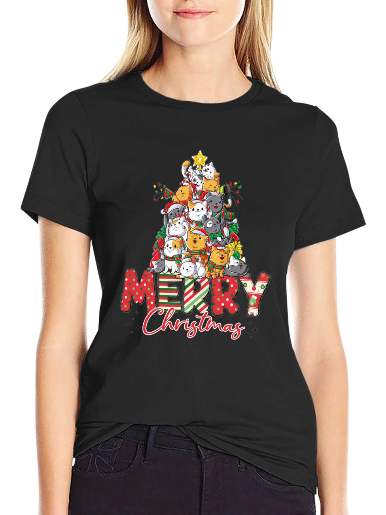 Cat Christmas Tree Graphic T-Shirt