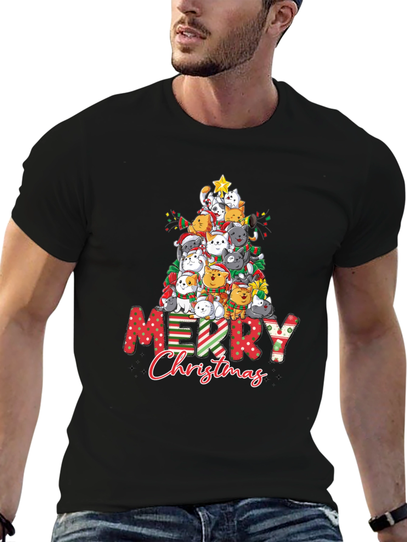 Cat Christmas Tree Graphic T-Shirt
