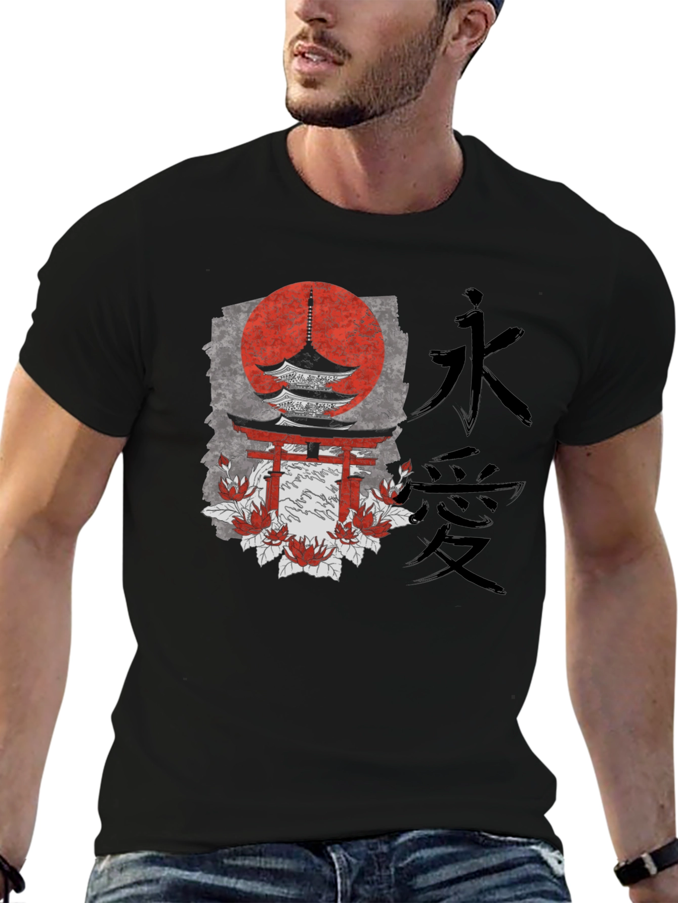 Japanese Style Graphic Print Black T-Shirt