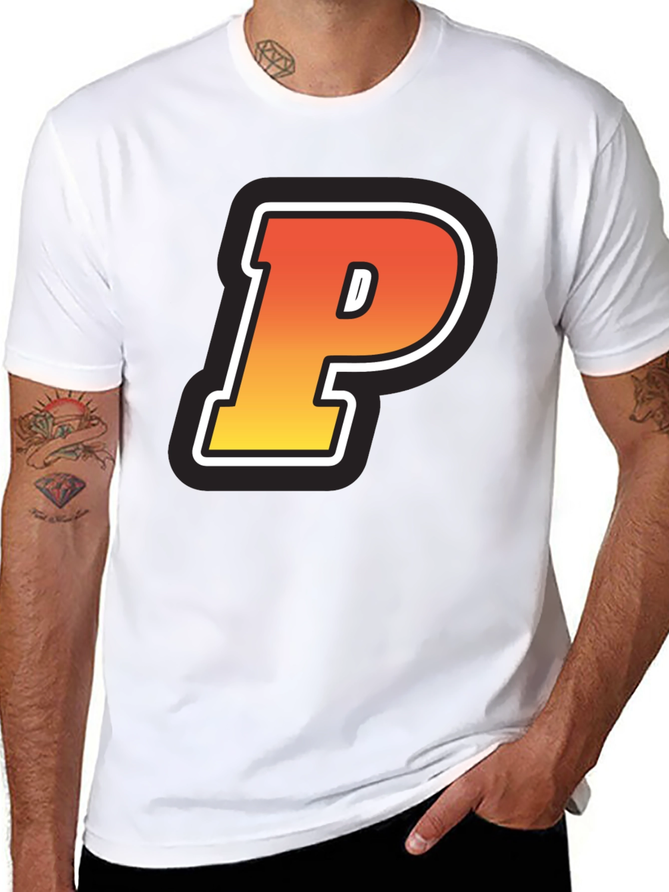 Retro P Letter T-Shirt - Black Cotton Tee