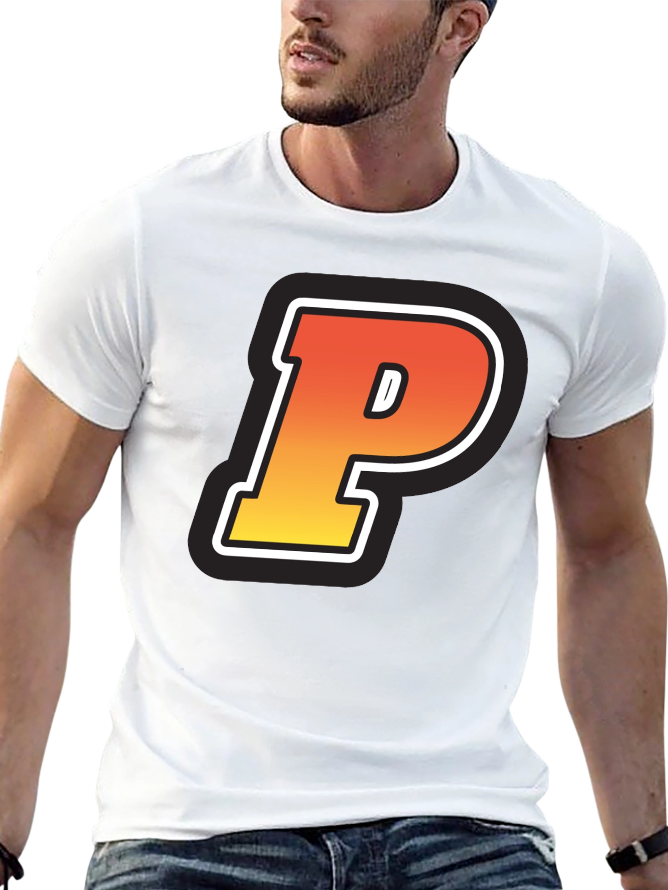 Retro P Letter T-Shirt - Black Cotton Tee