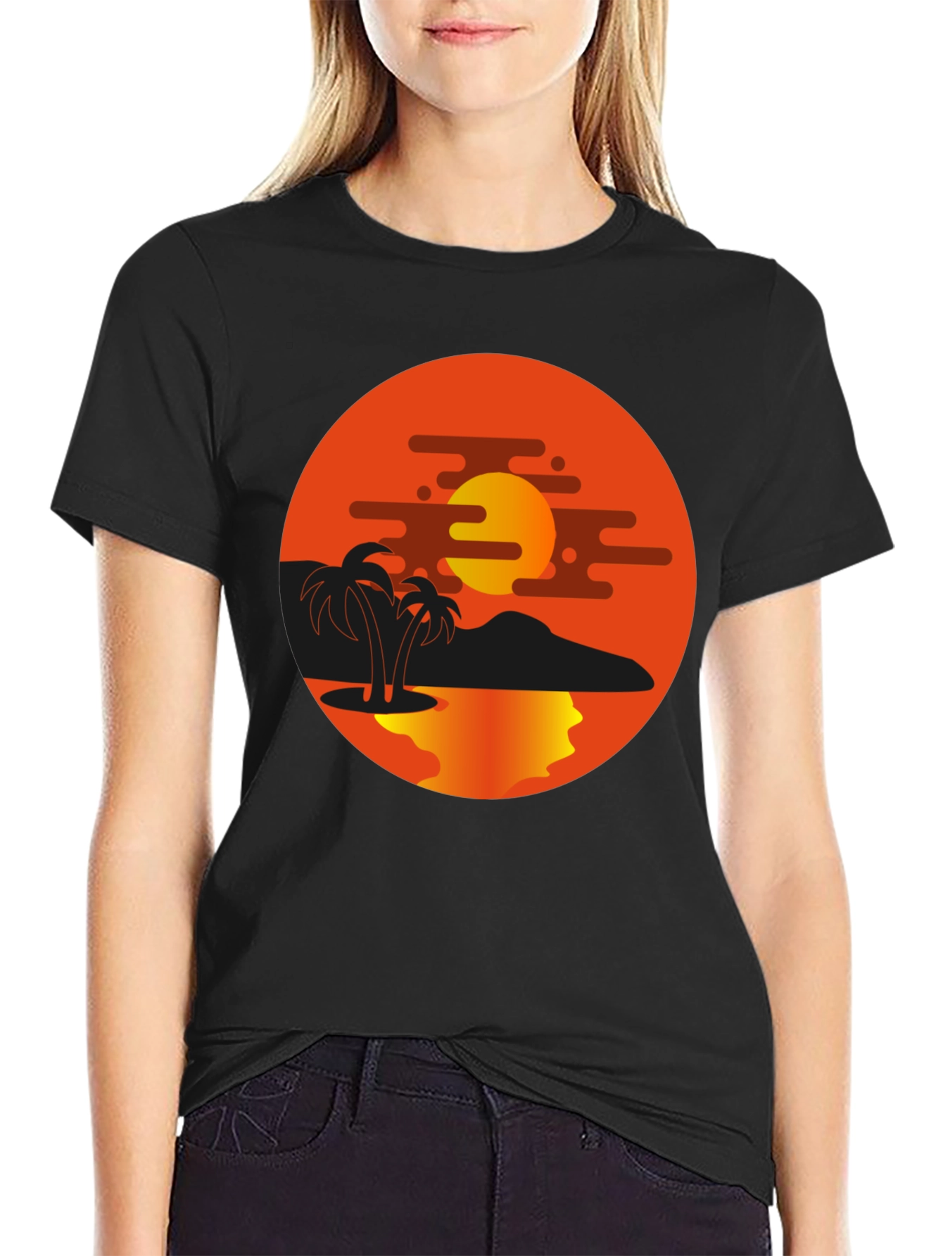 Sunset Palm Tree Graphic Black T-Shirt