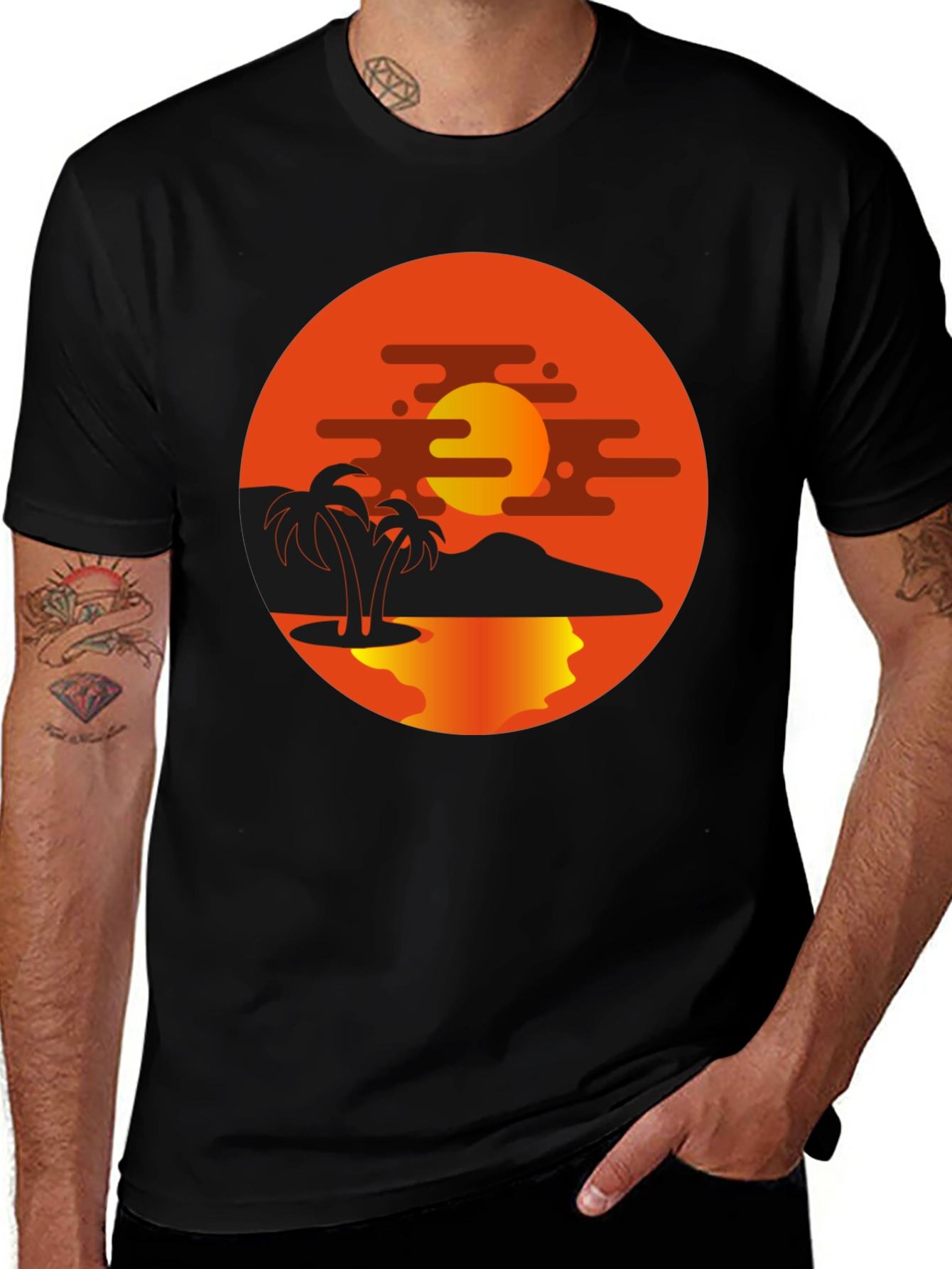 Sunset Palm Tree Graphic Black T-Shirt