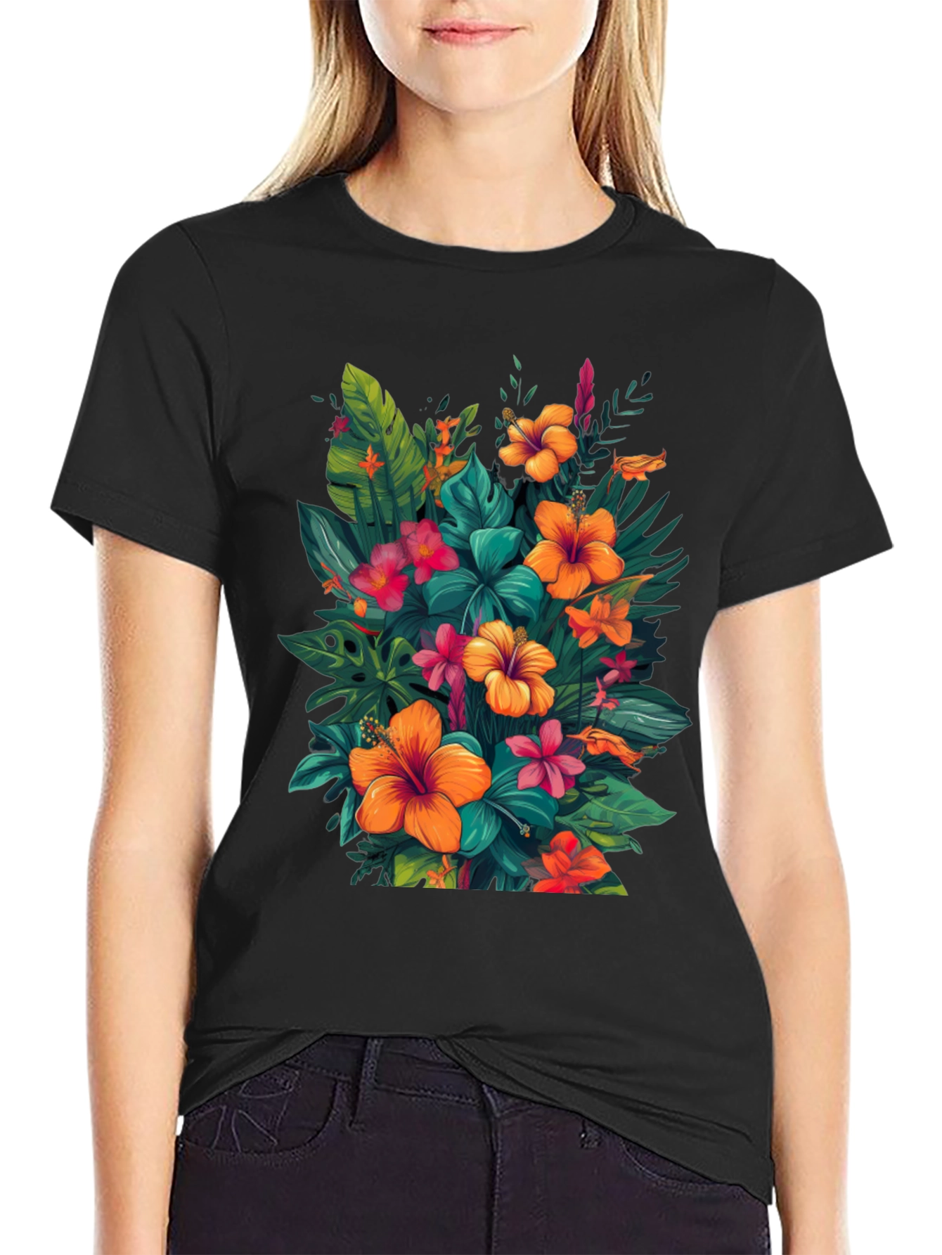 Floral Hawaiian Print Black T-Shirt
