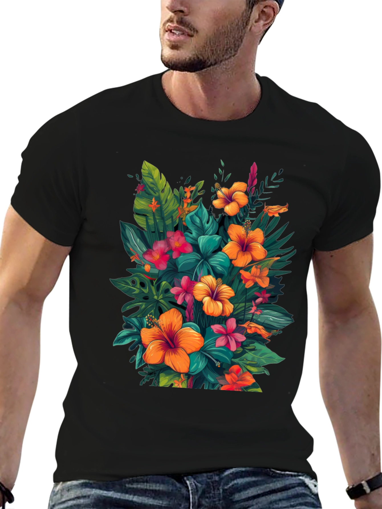 Floral Hawaiian Print Black T-Shirt