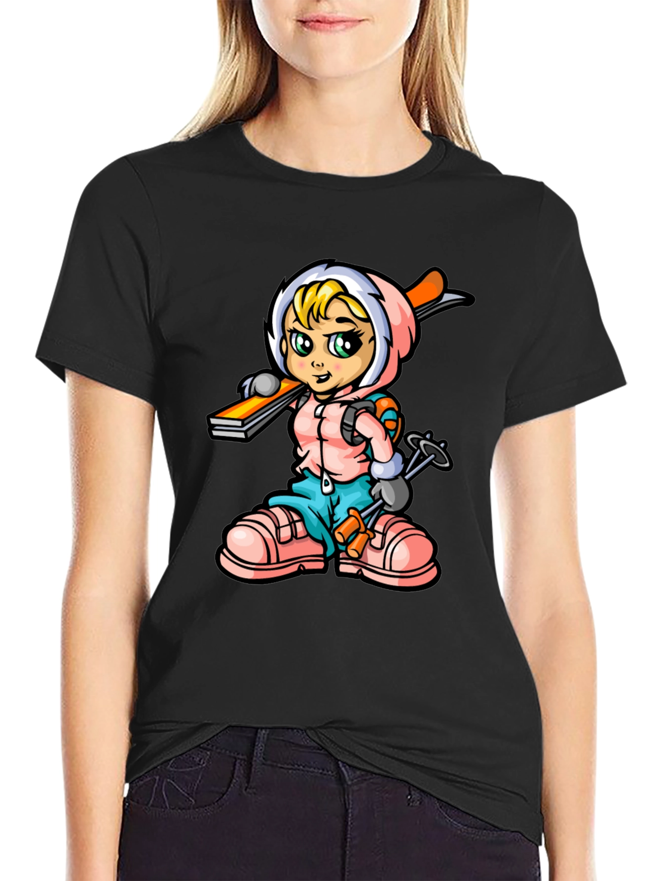 Cartoon Skier Graphic Tee - Black