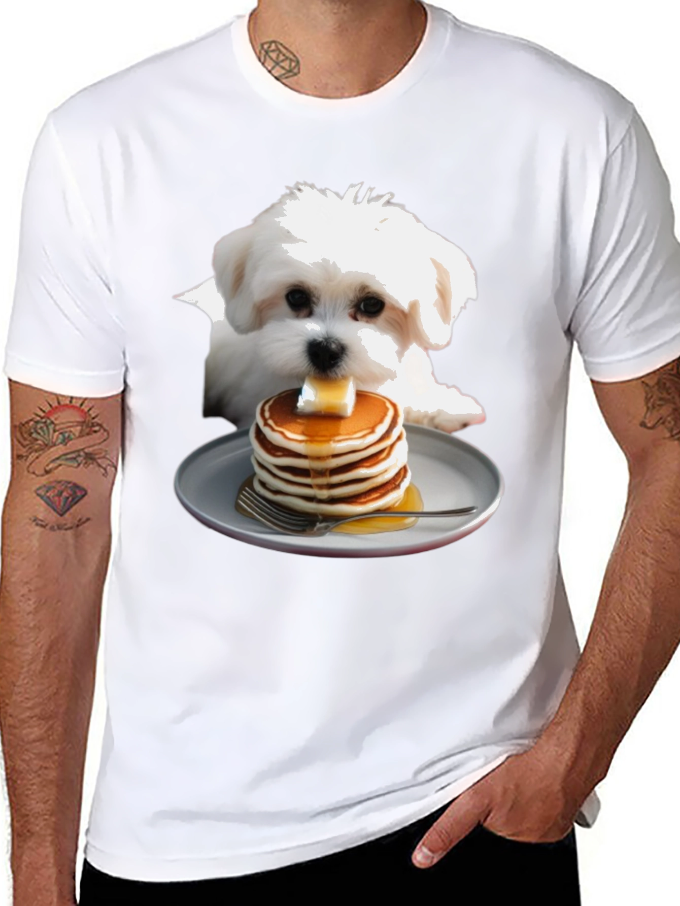 Dog with Pancakes T-Shirt - Cute Foodie Pet Tee