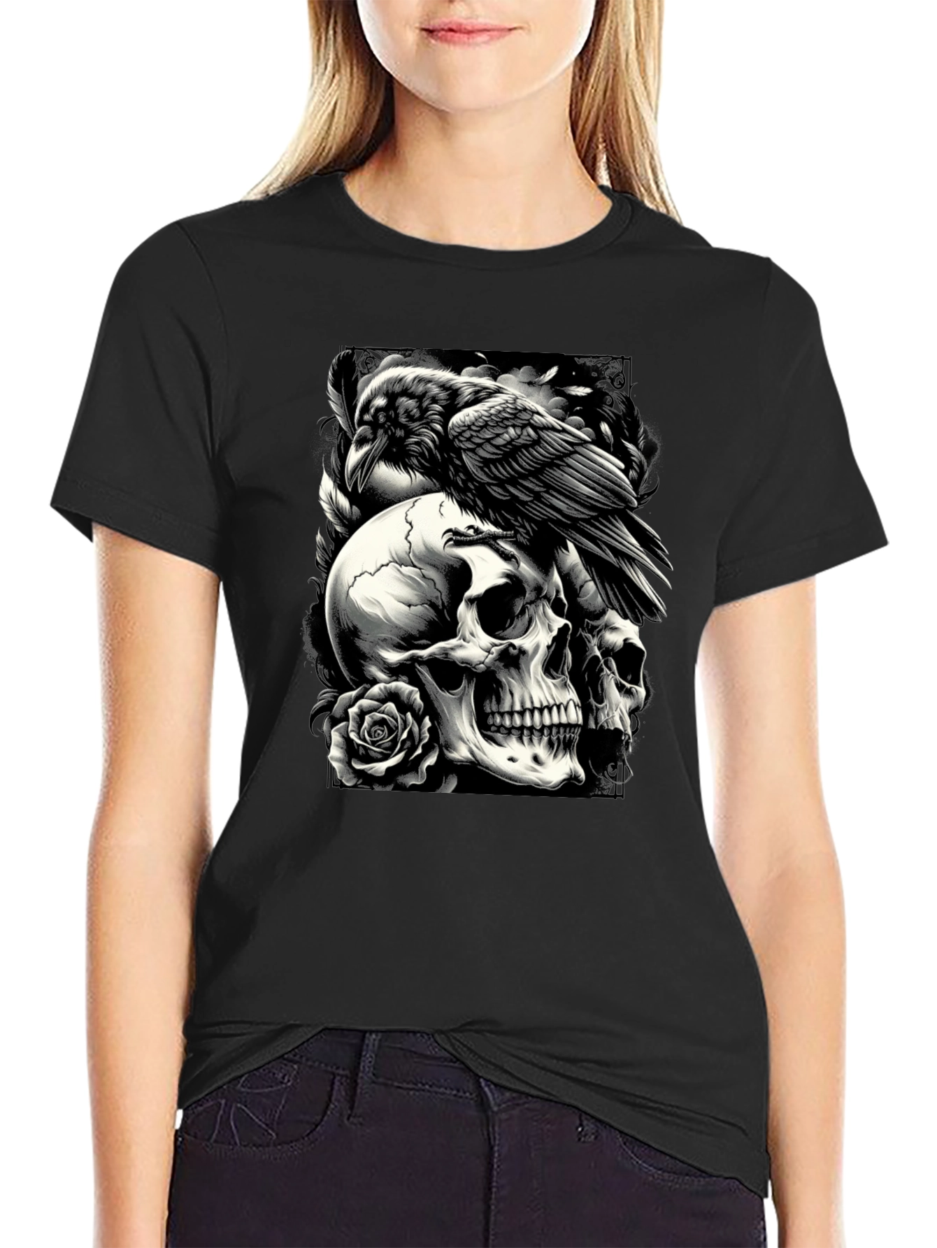 Raven Skull Graphic Tee - Dark Style