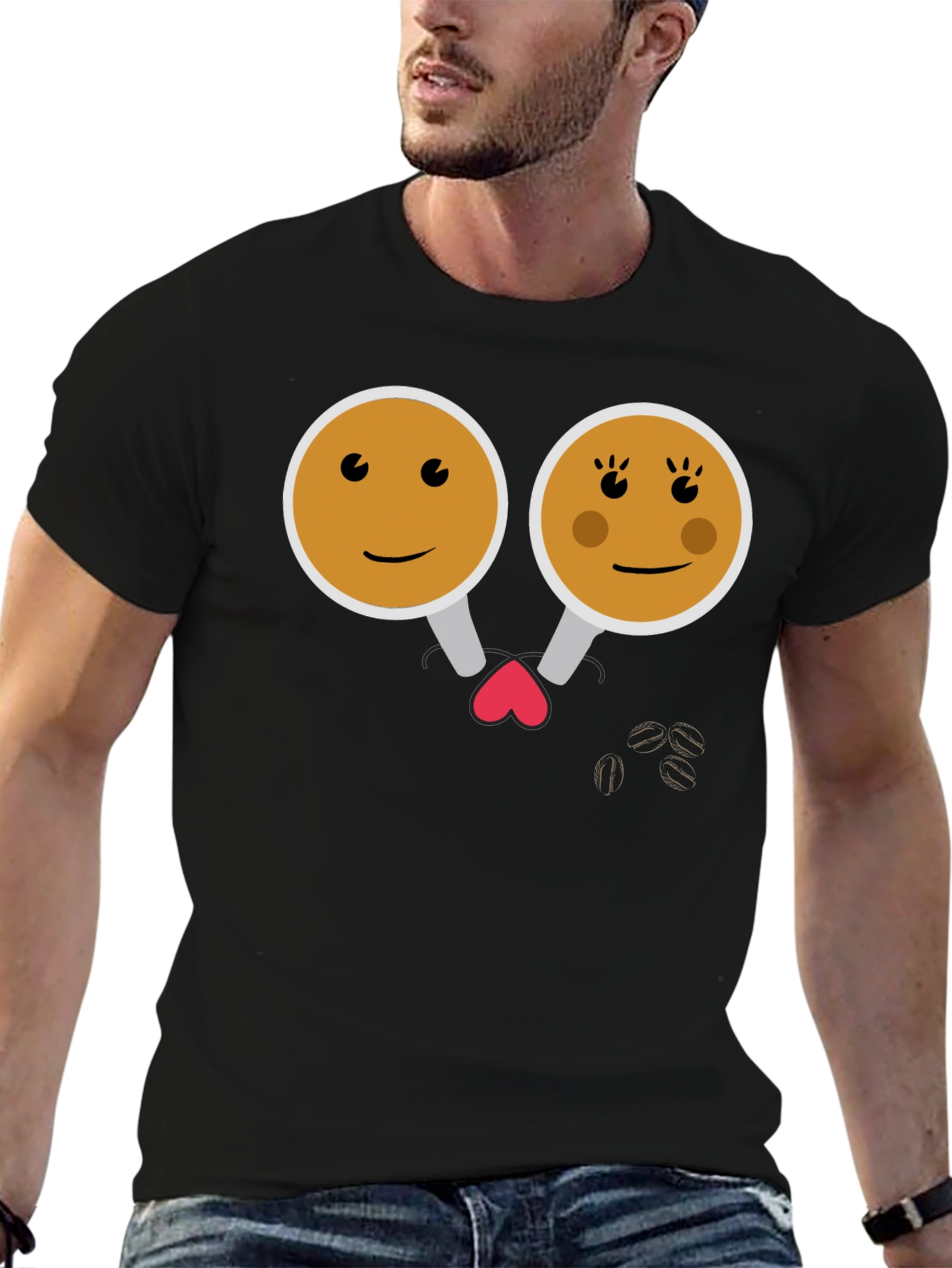 Cute Coffee Couple Graphic Tee - Black