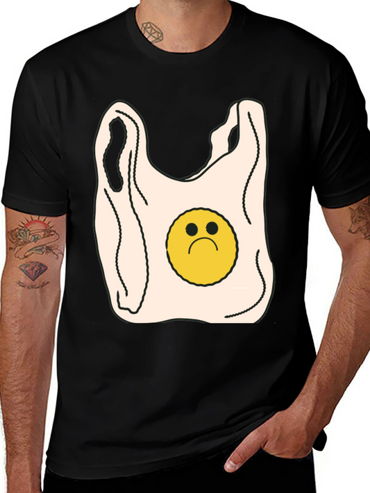 Sad Face Plastic Bag Graphic Tee - Black Cotton T-Shirt