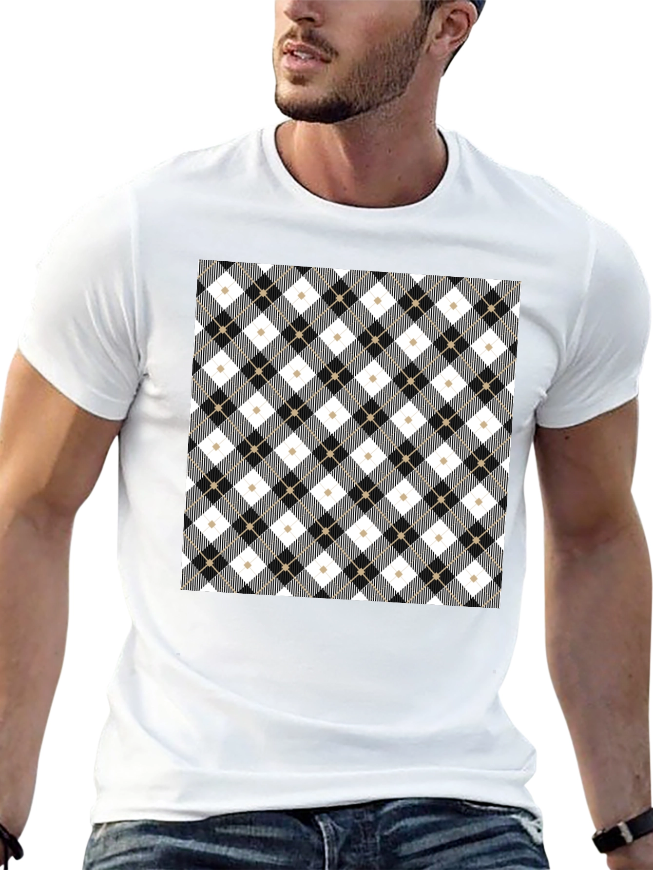 Stylish Argyle Pattern Black T-Shirt