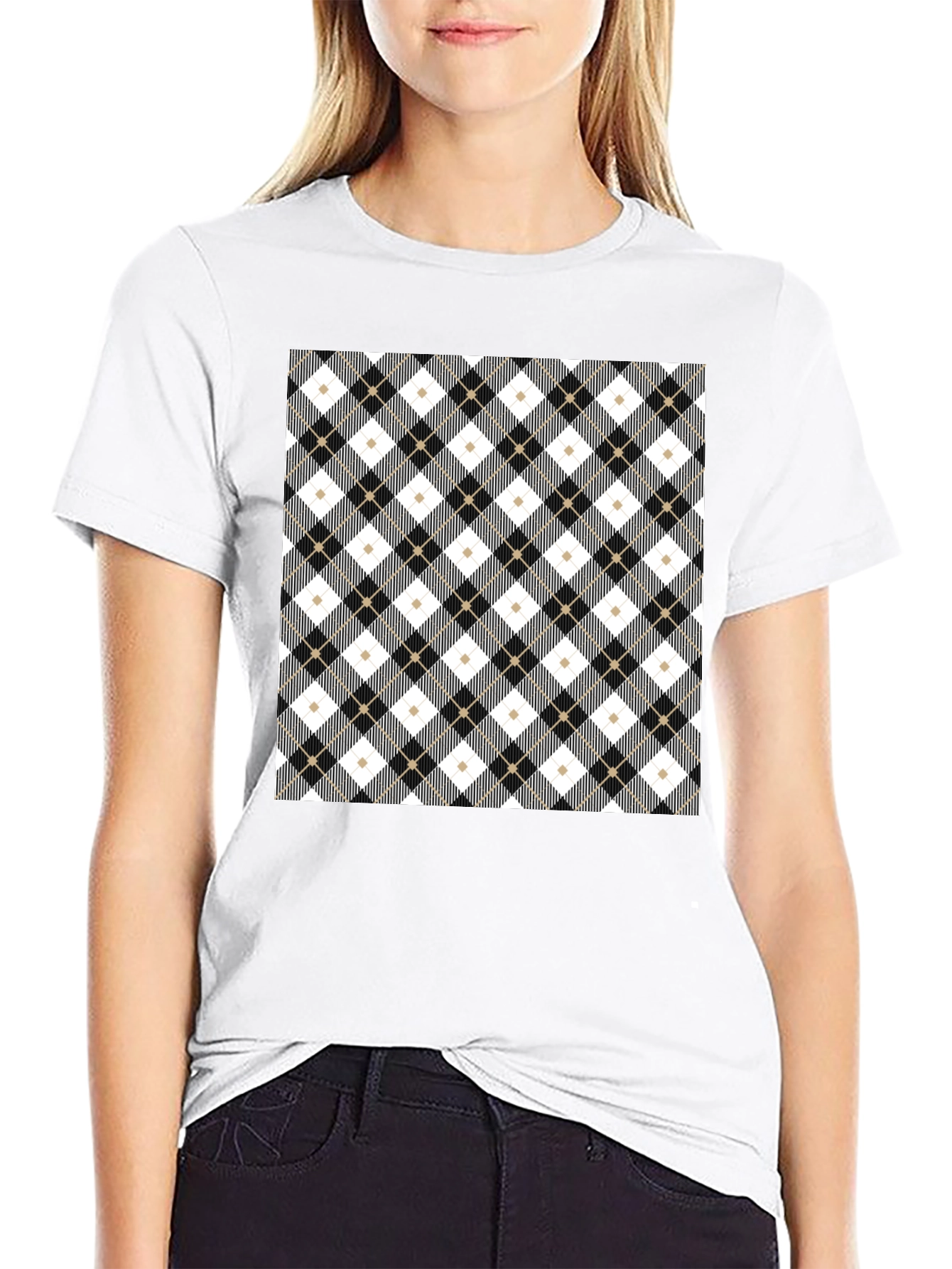 Stylish Argyle Pattern Black T-Shirt