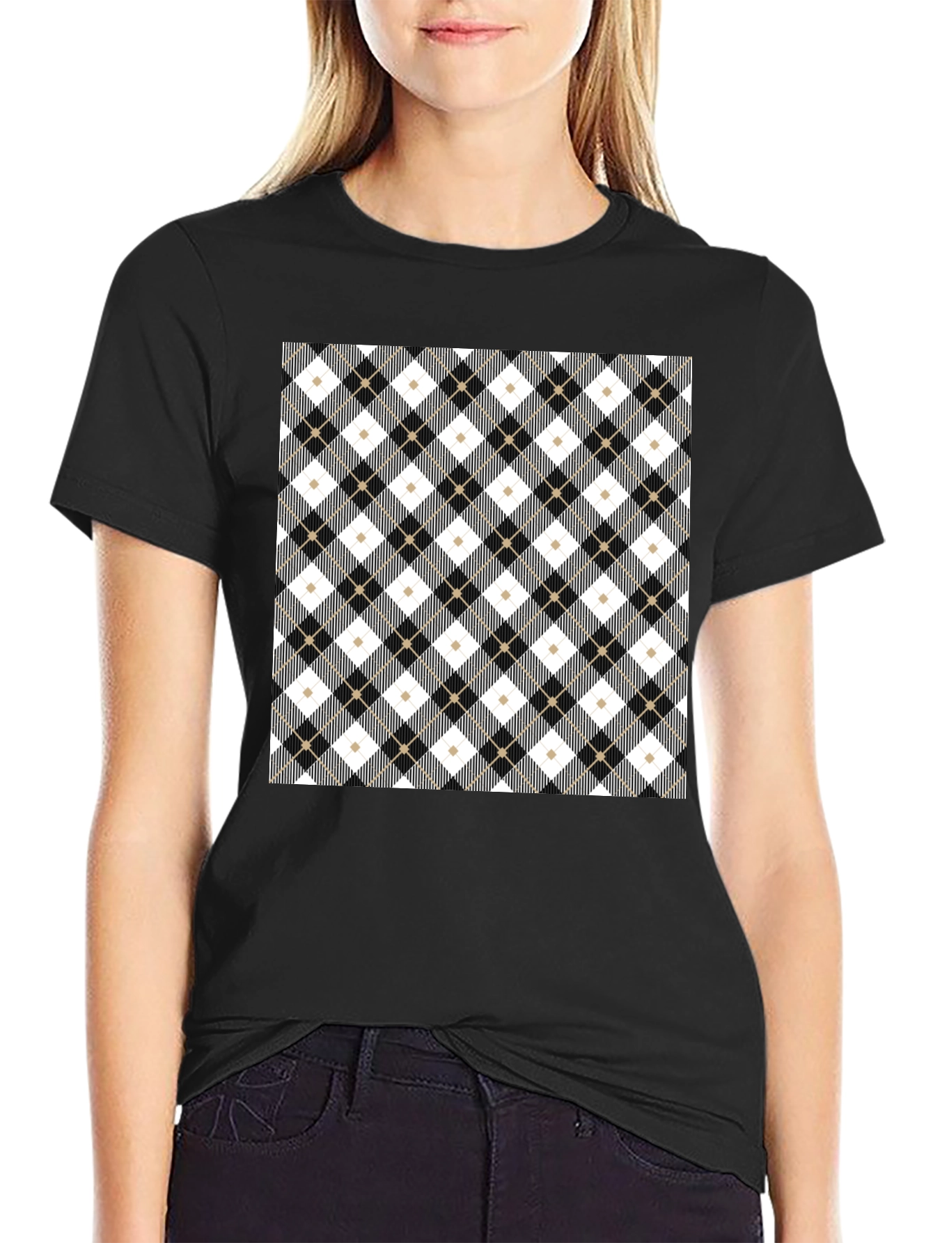Stylish Argyle Pattern Black T-Shirt