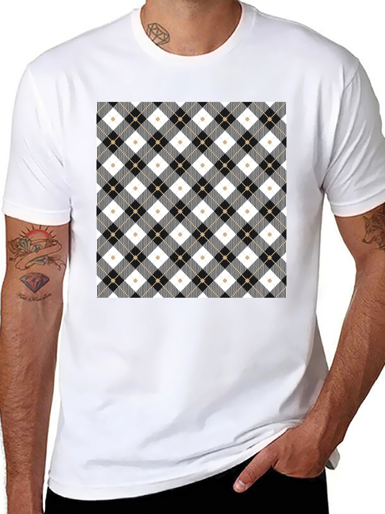 Stylish Argyle Pattern Black T-Shirt