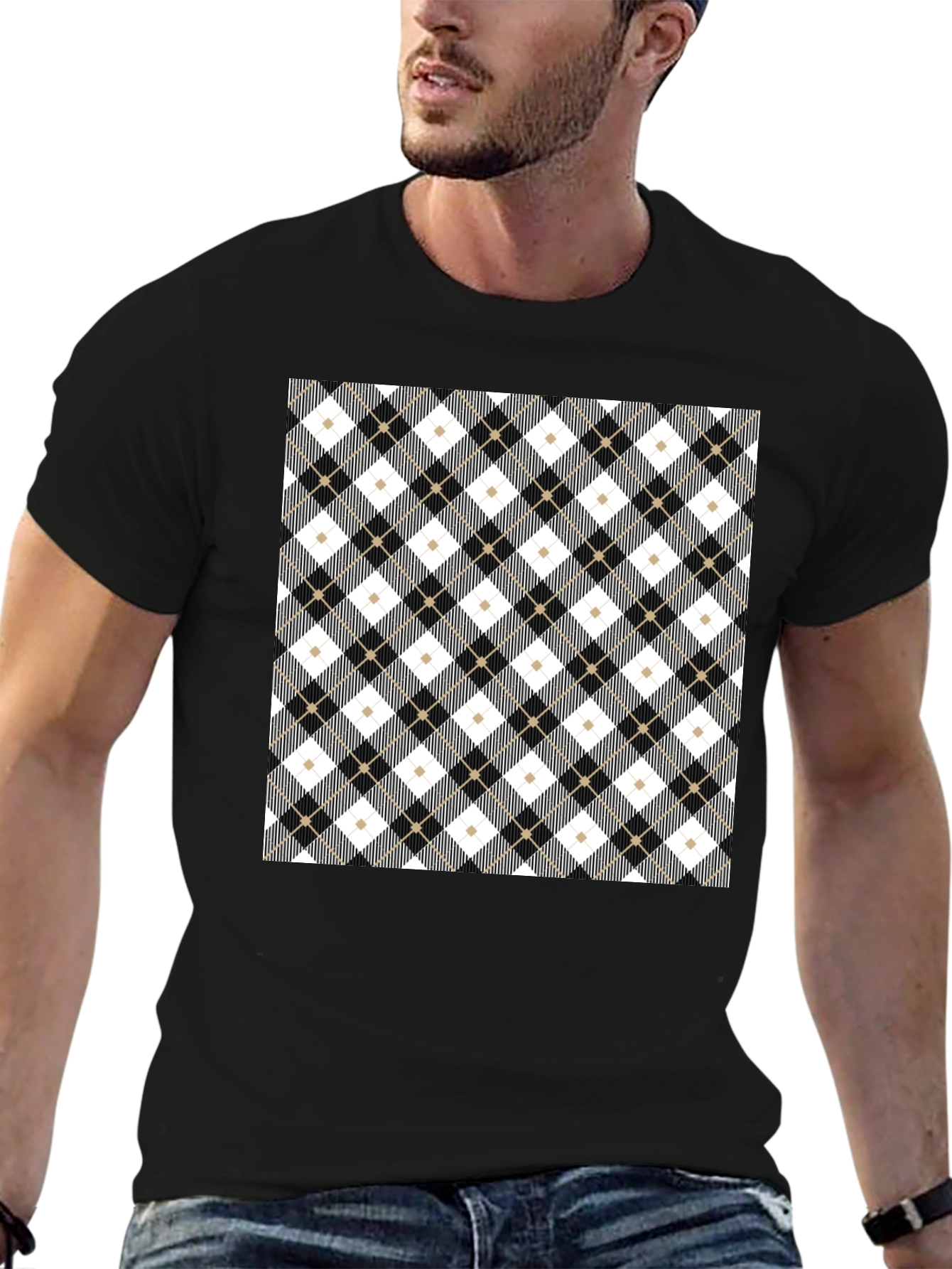 Stylish Argyle Pattern Black T-Shirt