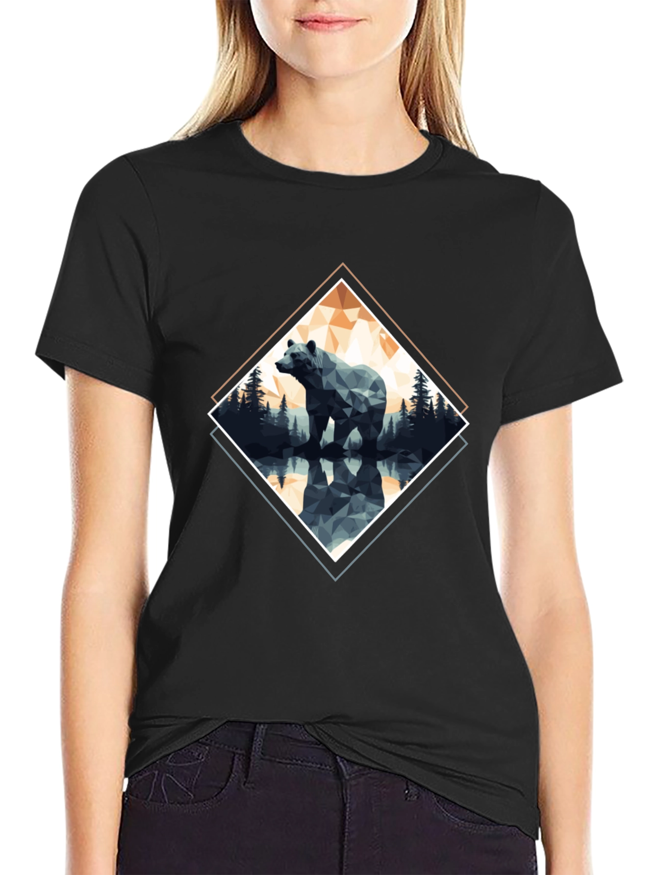 Geometric Bear Graphic T-Shirt - Black