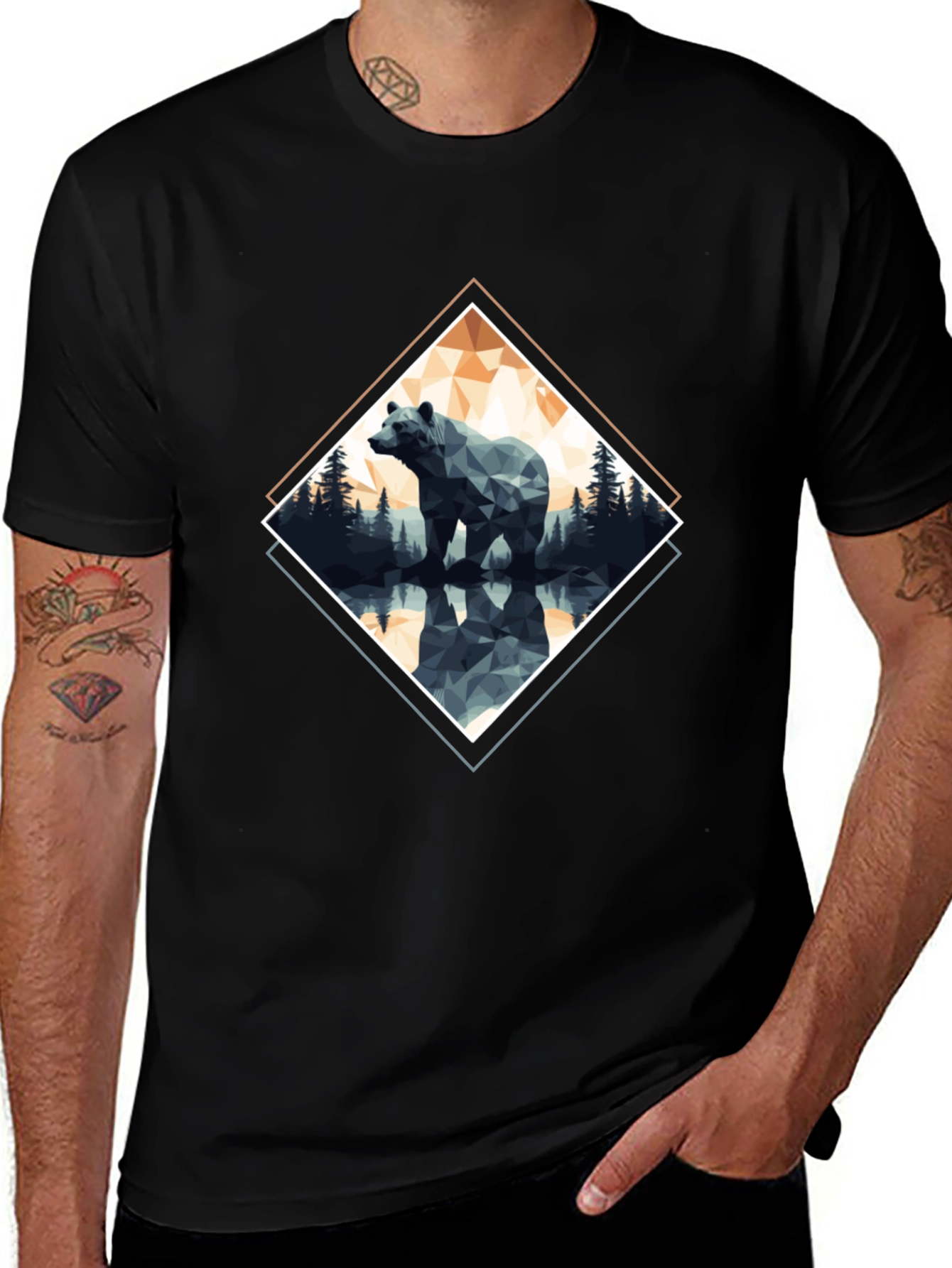 Geometric Bear Graphic T-Shirt - Black