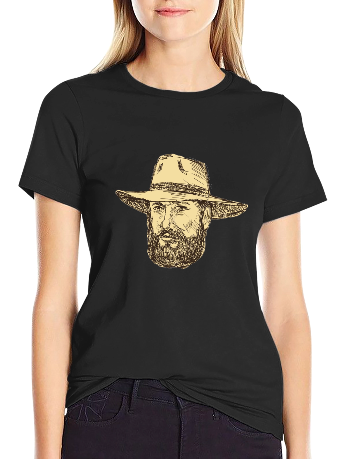 Black T-Shirt with Cowboy Sketch
