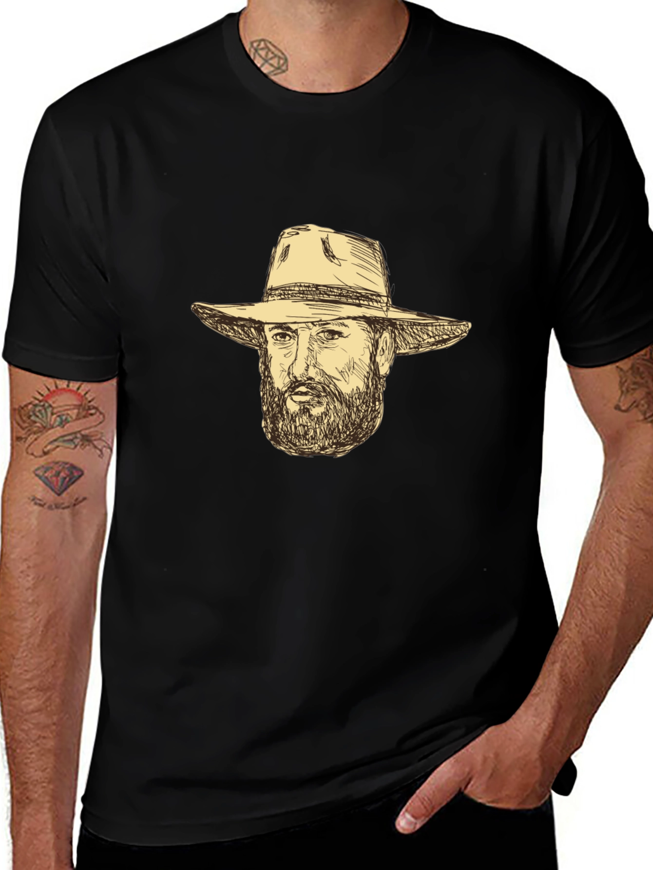 Black T-Shirt with Cowboy Sketch