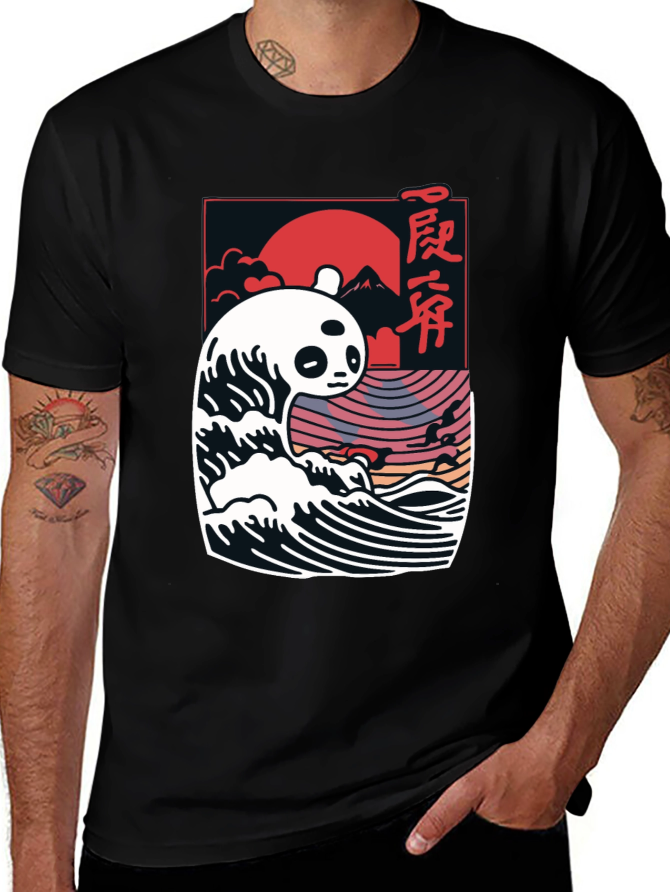 Panda Wave Graphic Tee - Stylish Mens Black T-Shirt