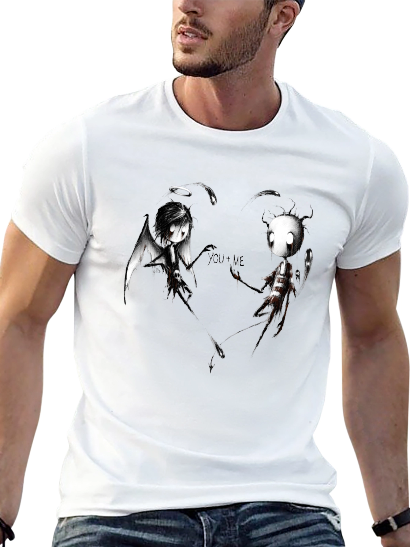 Angel Demon Couple Graphic Print Black T-Shirt
