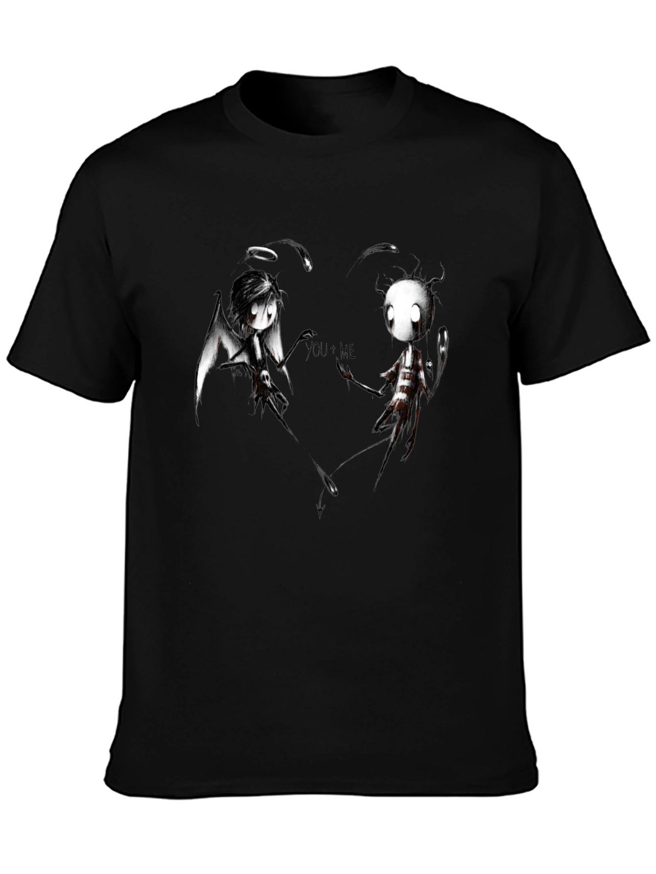 Angel Demon Couple Graphic Print Black T-Shirt