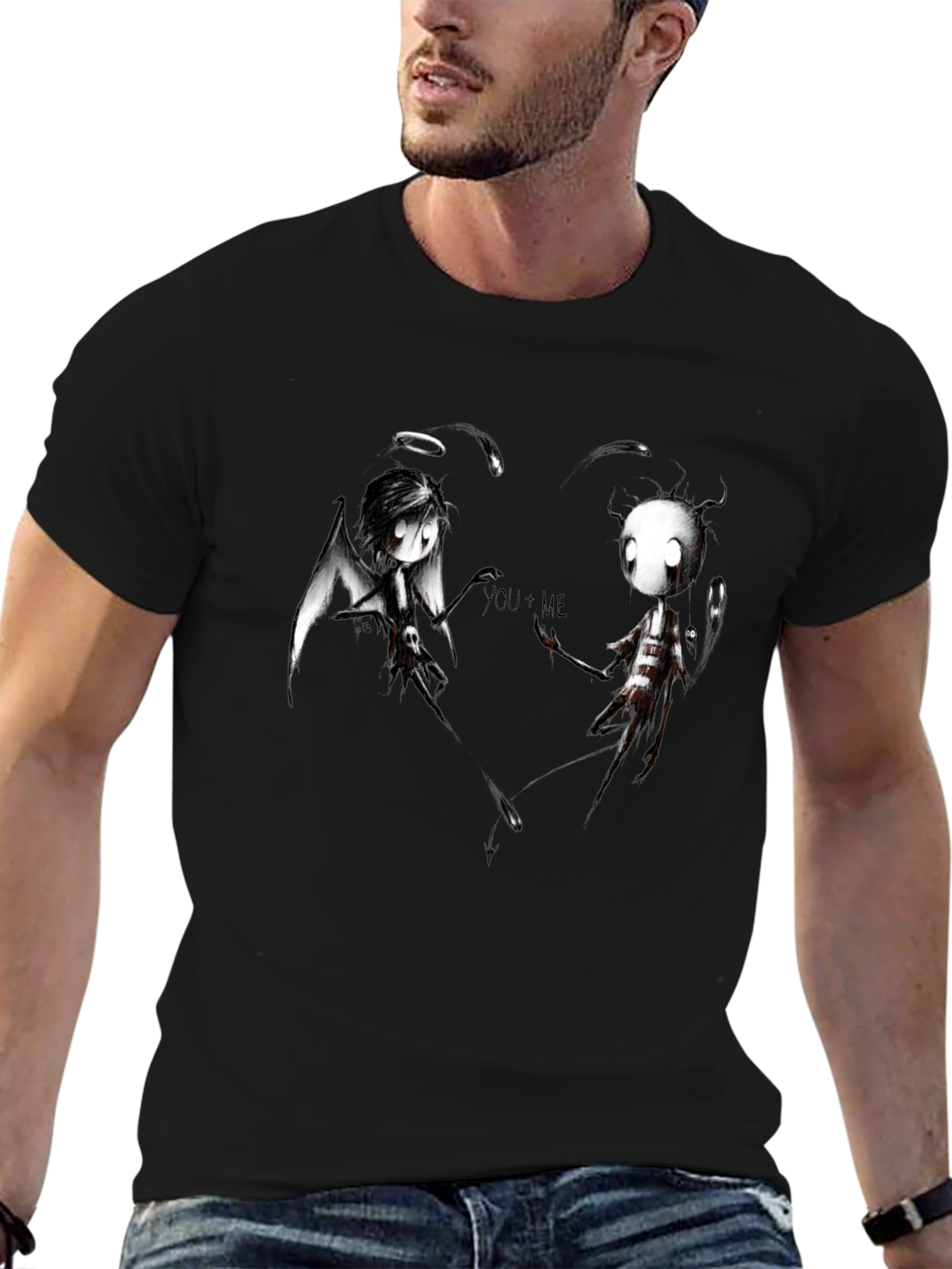 Angel Demon Couple Graphic Print Black T-Shirt