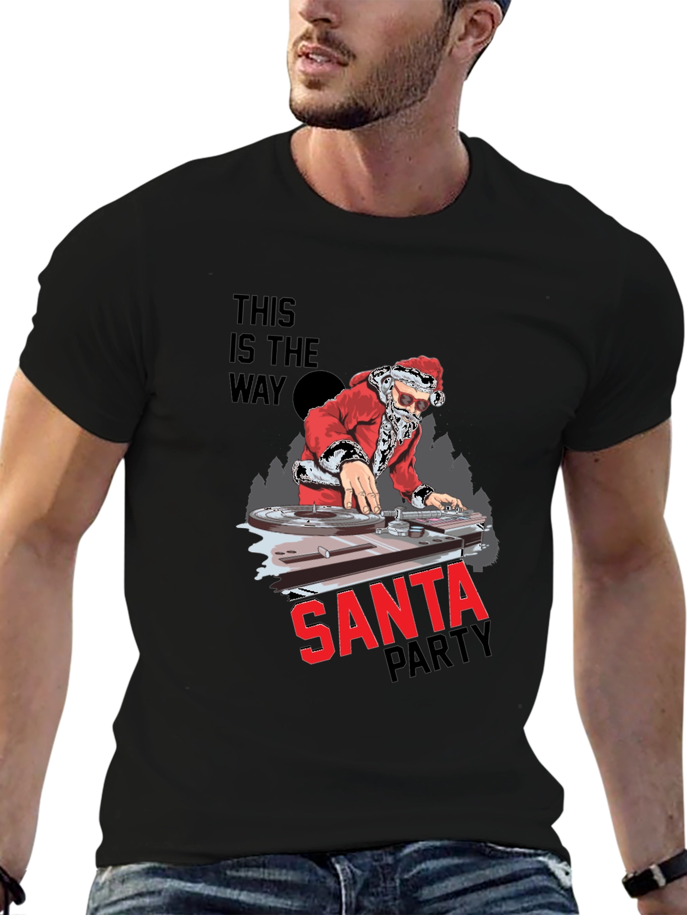 DJ Santa Christmas Party Black T-Shirt