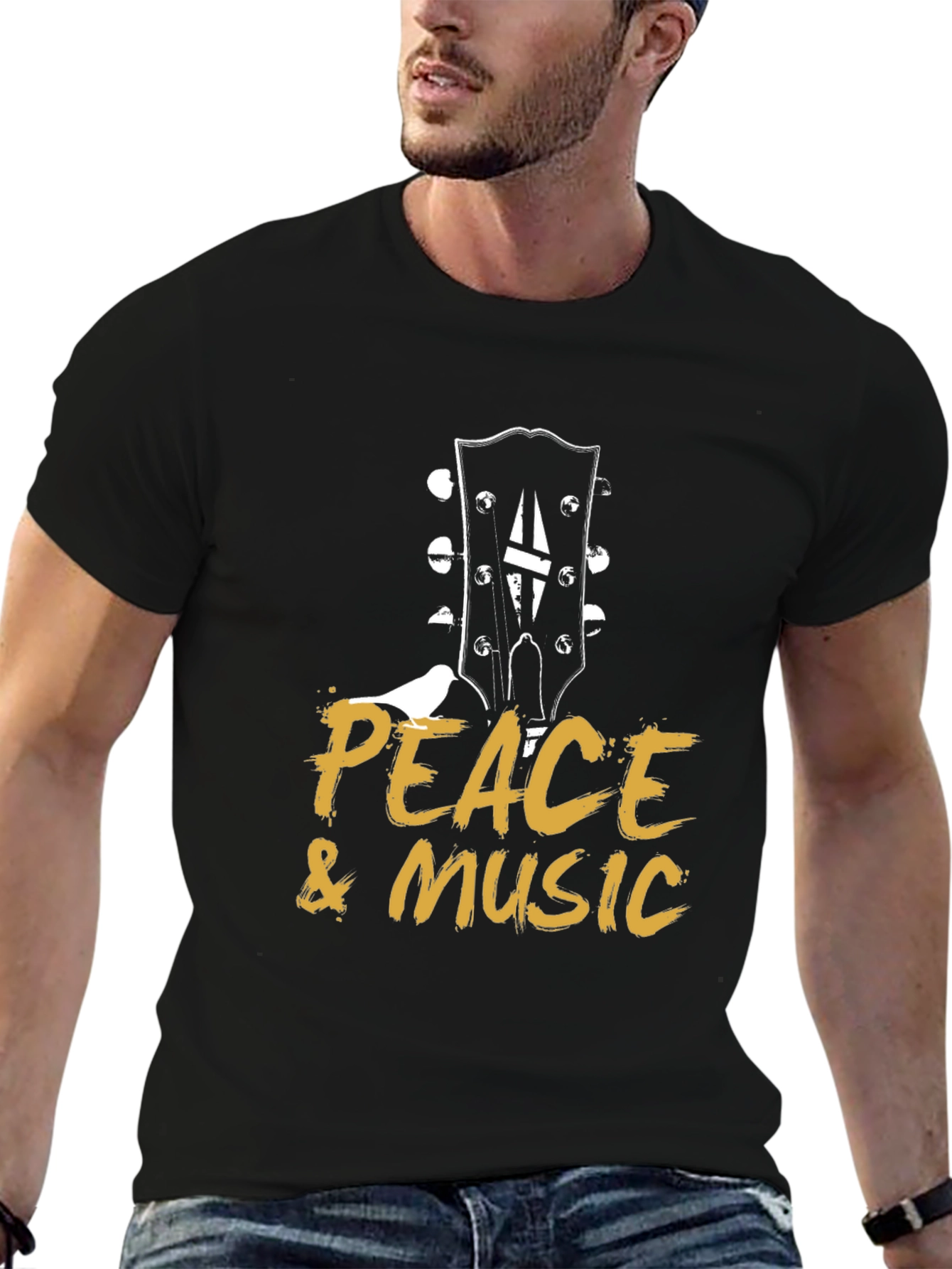 Peace & Music Guitar Headstock Black T-Shirt