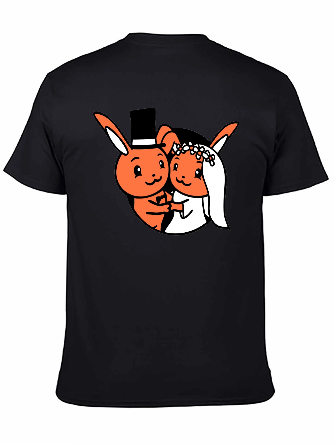 Cartoon Bunny Wedding Black T-Shirt