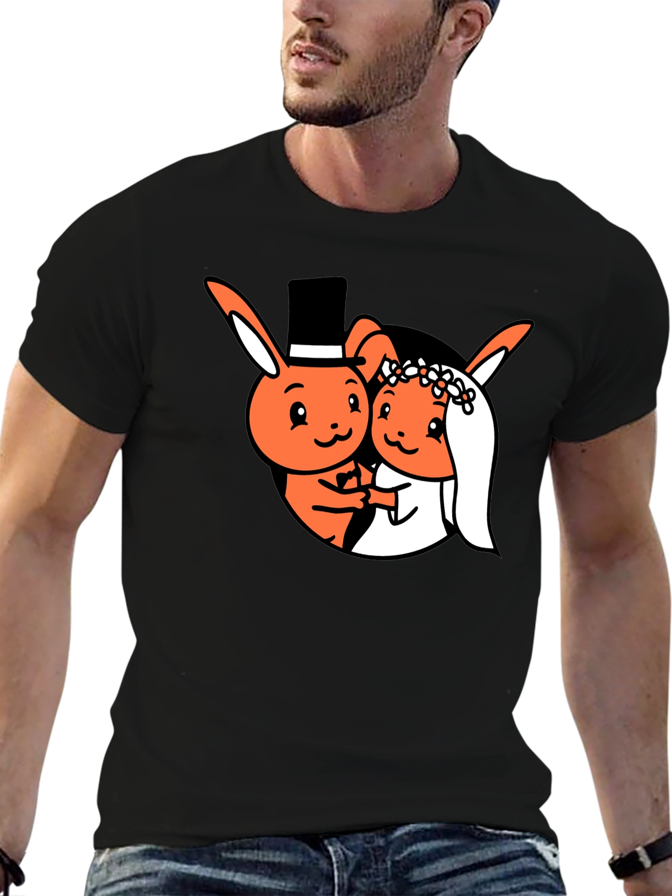 Cartoon Bunny Wedding Black T-Shirt