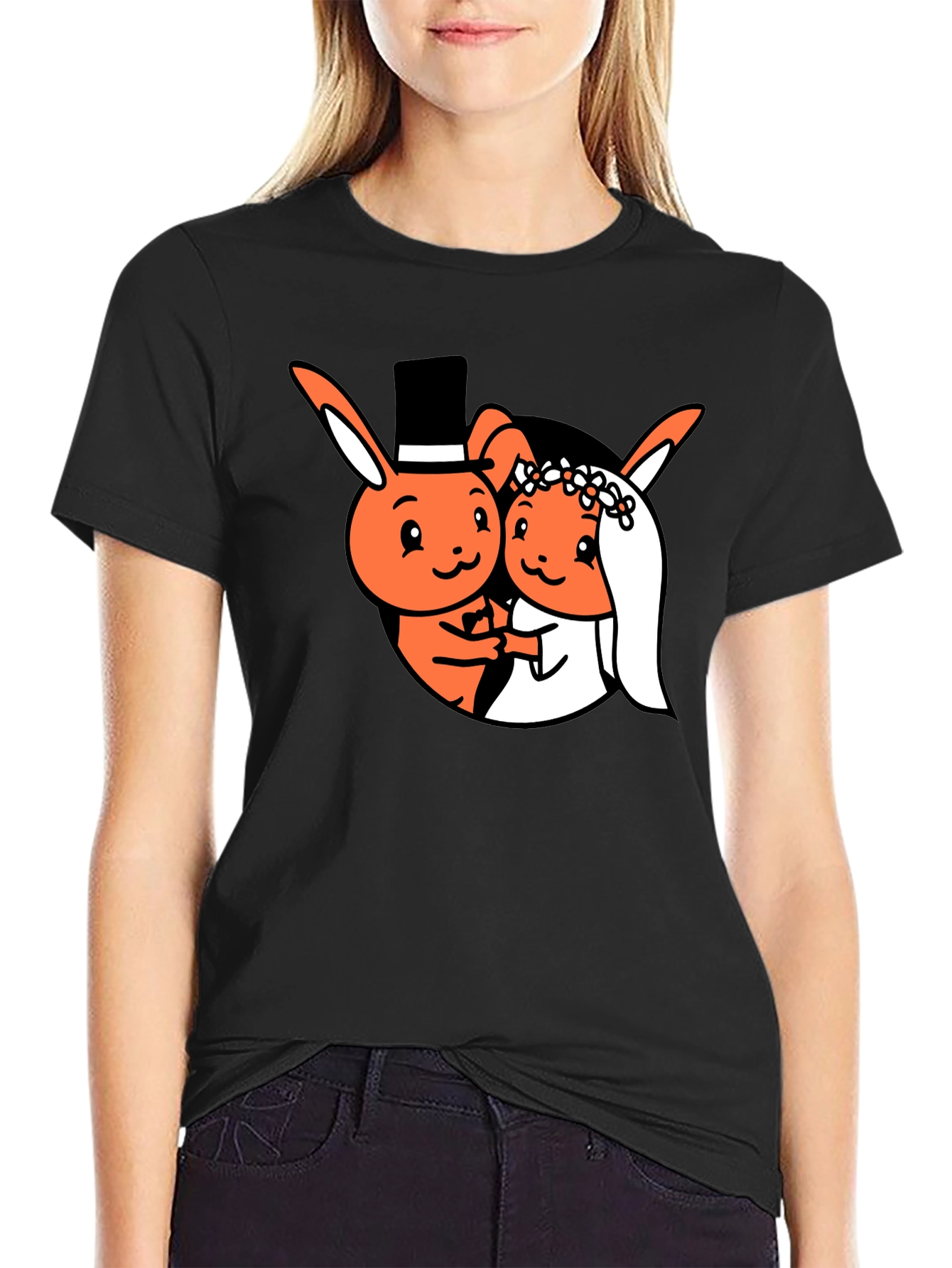 Cartoon Bunny Wedding Black T-Shirt