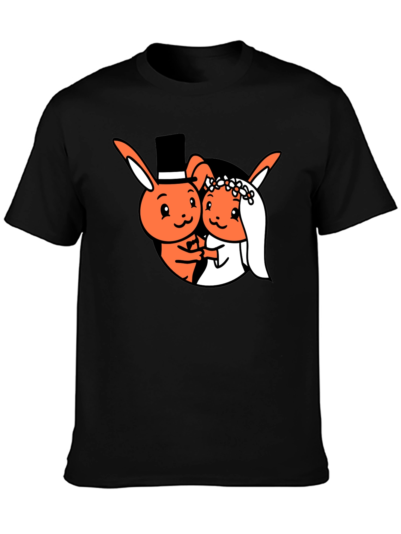 Cartoon Bunny Wedding Black T-Shirt