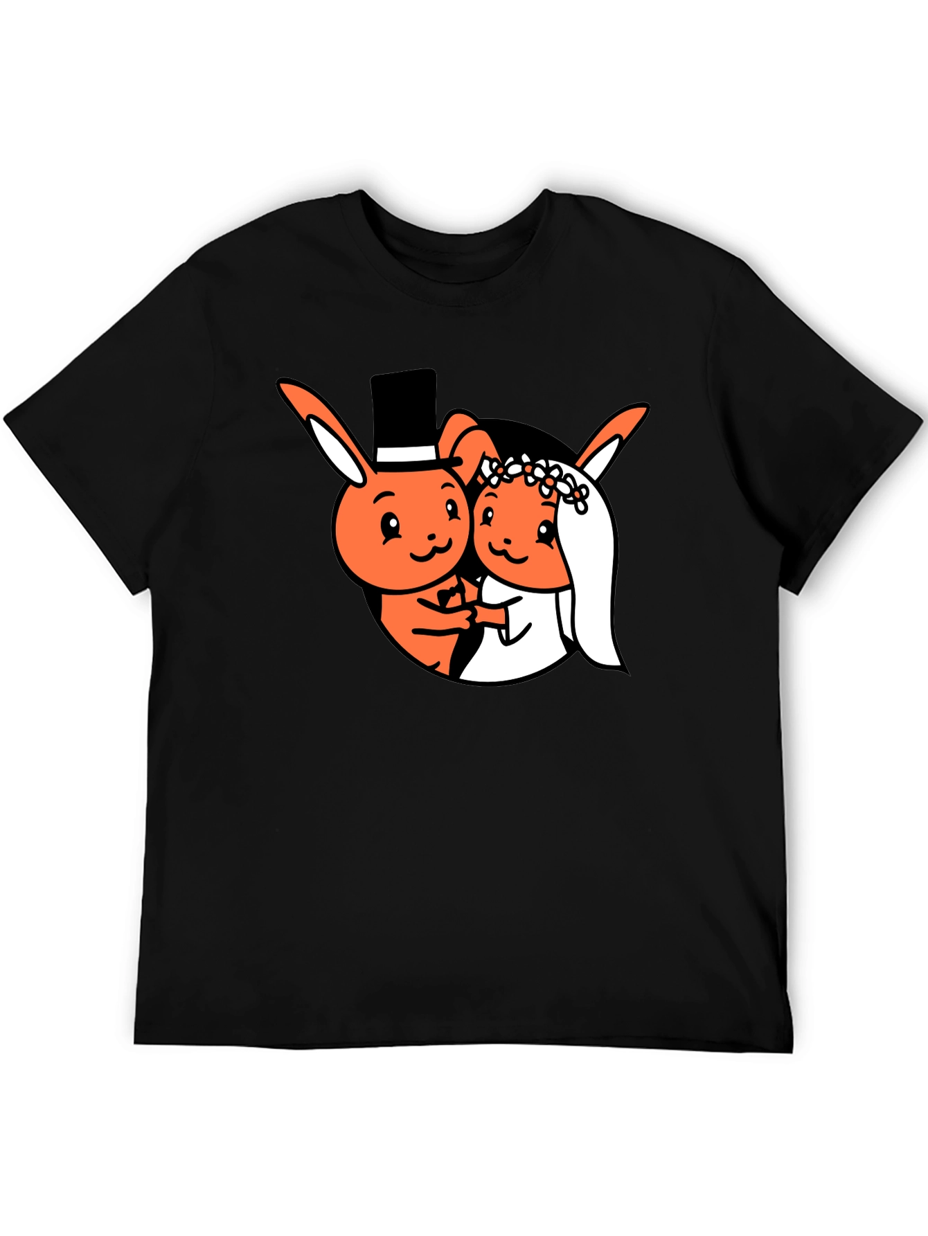 Cartoon Bunny Wedding Black T-Shirt