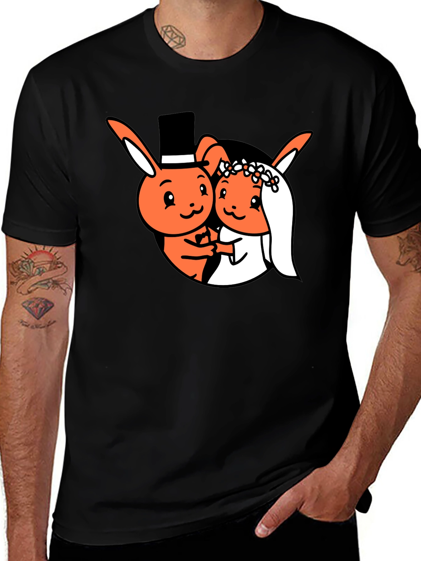 Cartoon Bunny Wedding Black T-Shirt