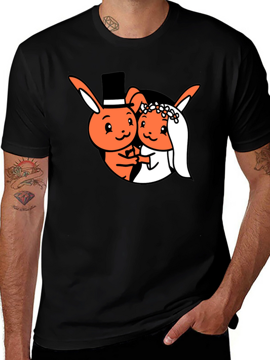 Cartoon Bunny Wedding Black T-Shirt