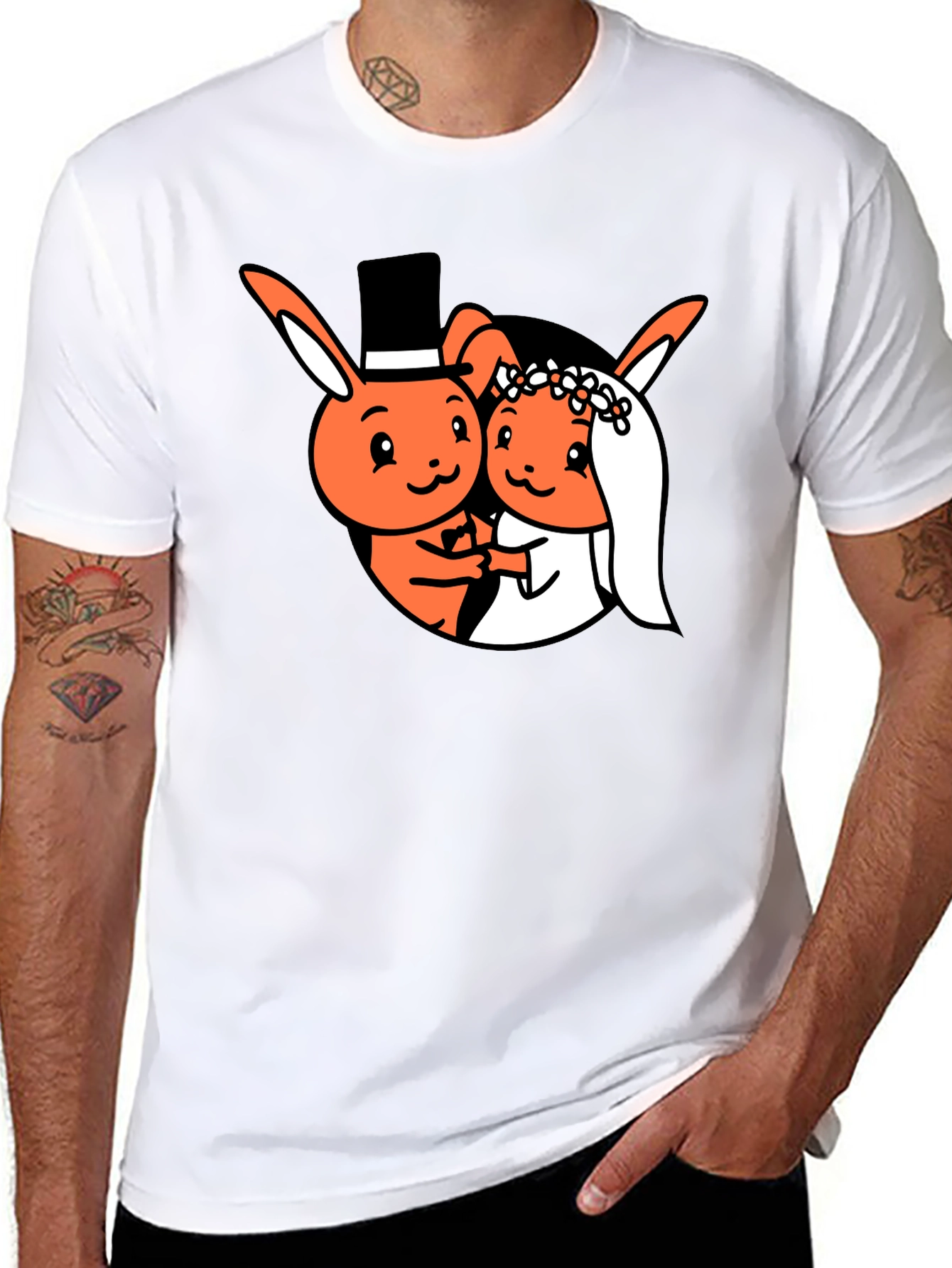 Cartoon Bunny Wedding Black T-Shirt