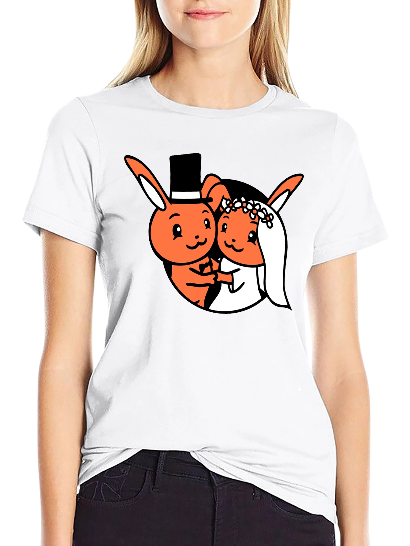 Cartoon Bunny Wedding Black T-Shirt