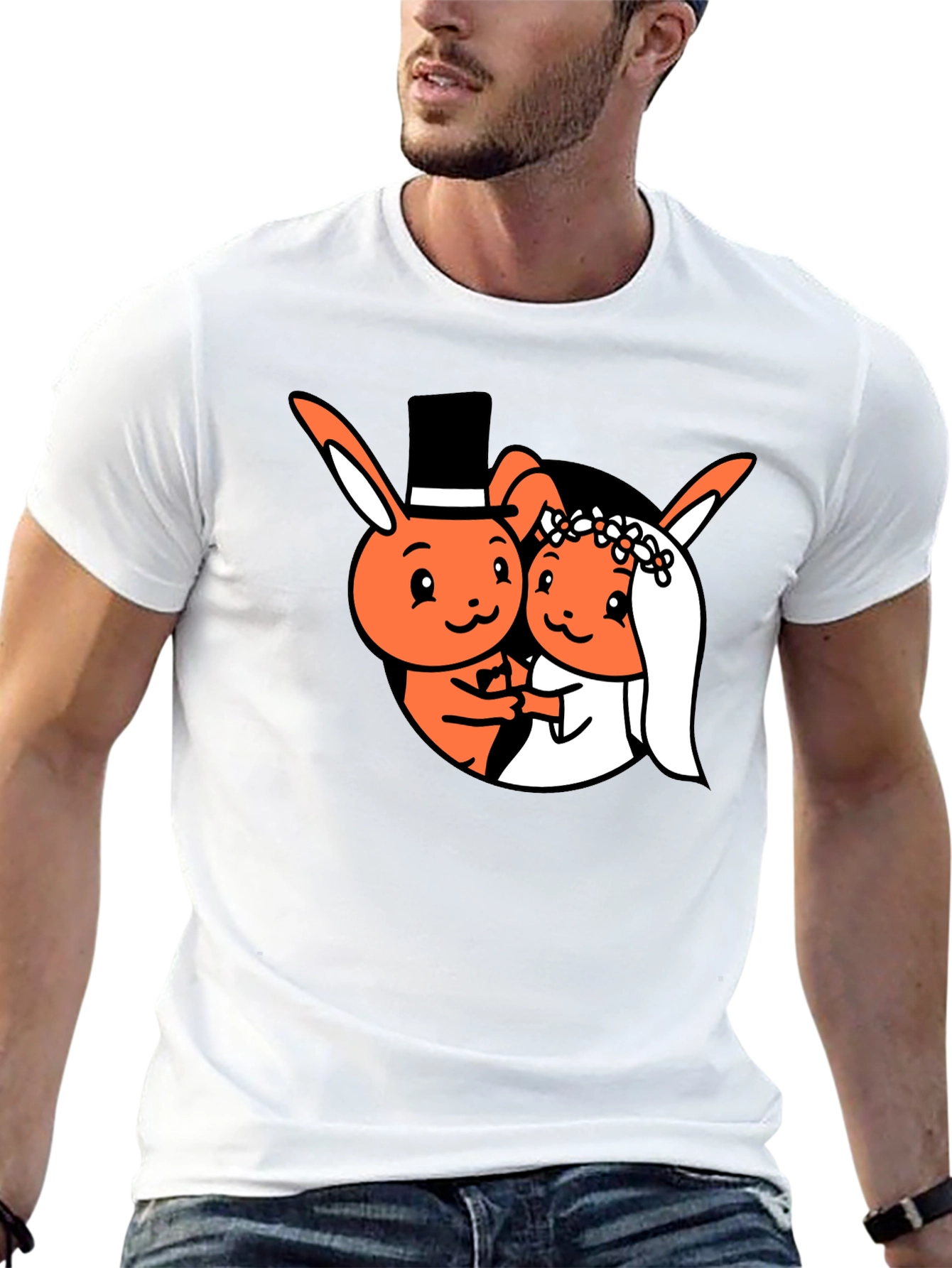 Cartoon Bunny Wedding Black T-Shirt