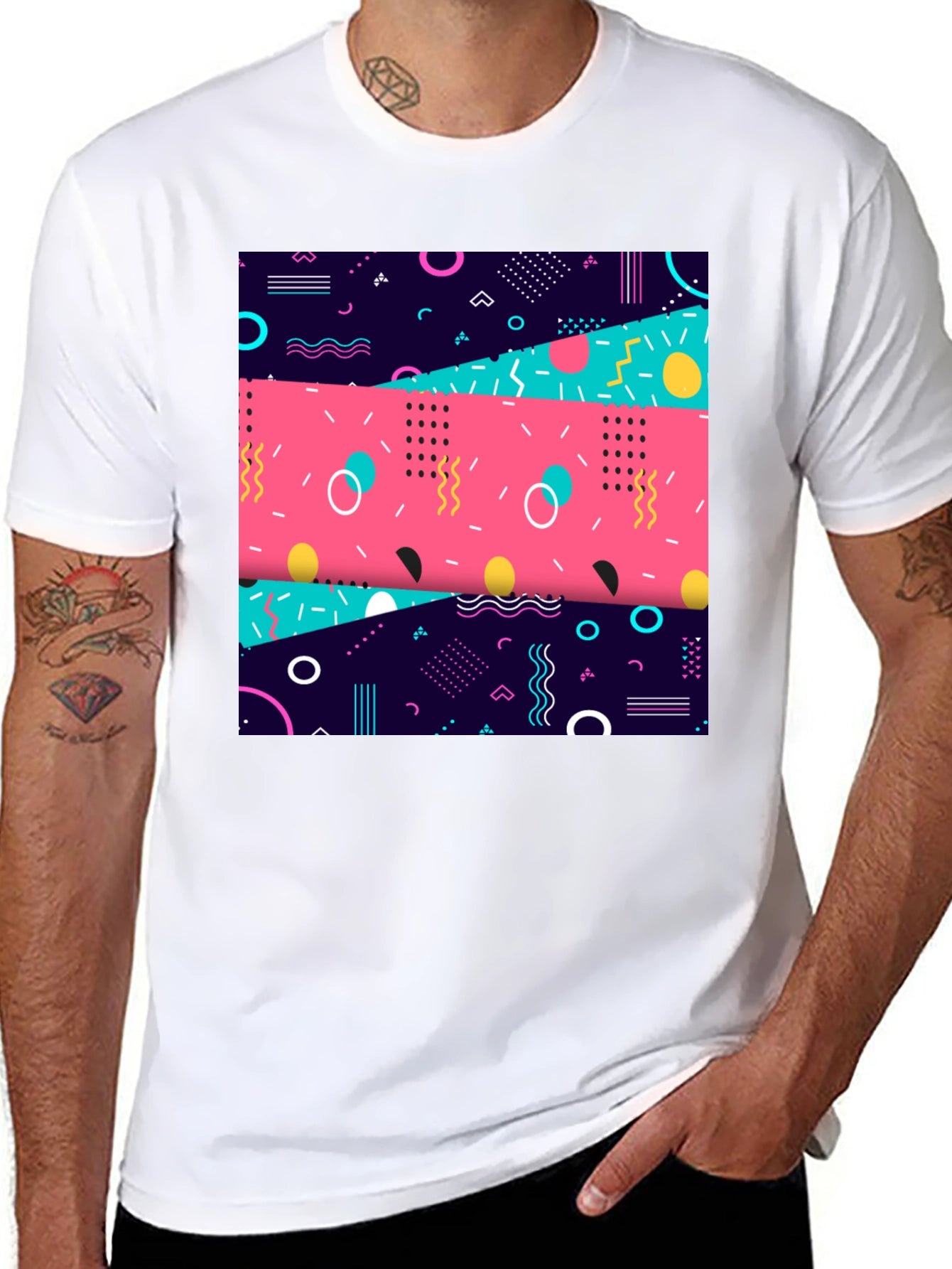 Retro 90s Graphic Tee - Geometric Pattern Shirt