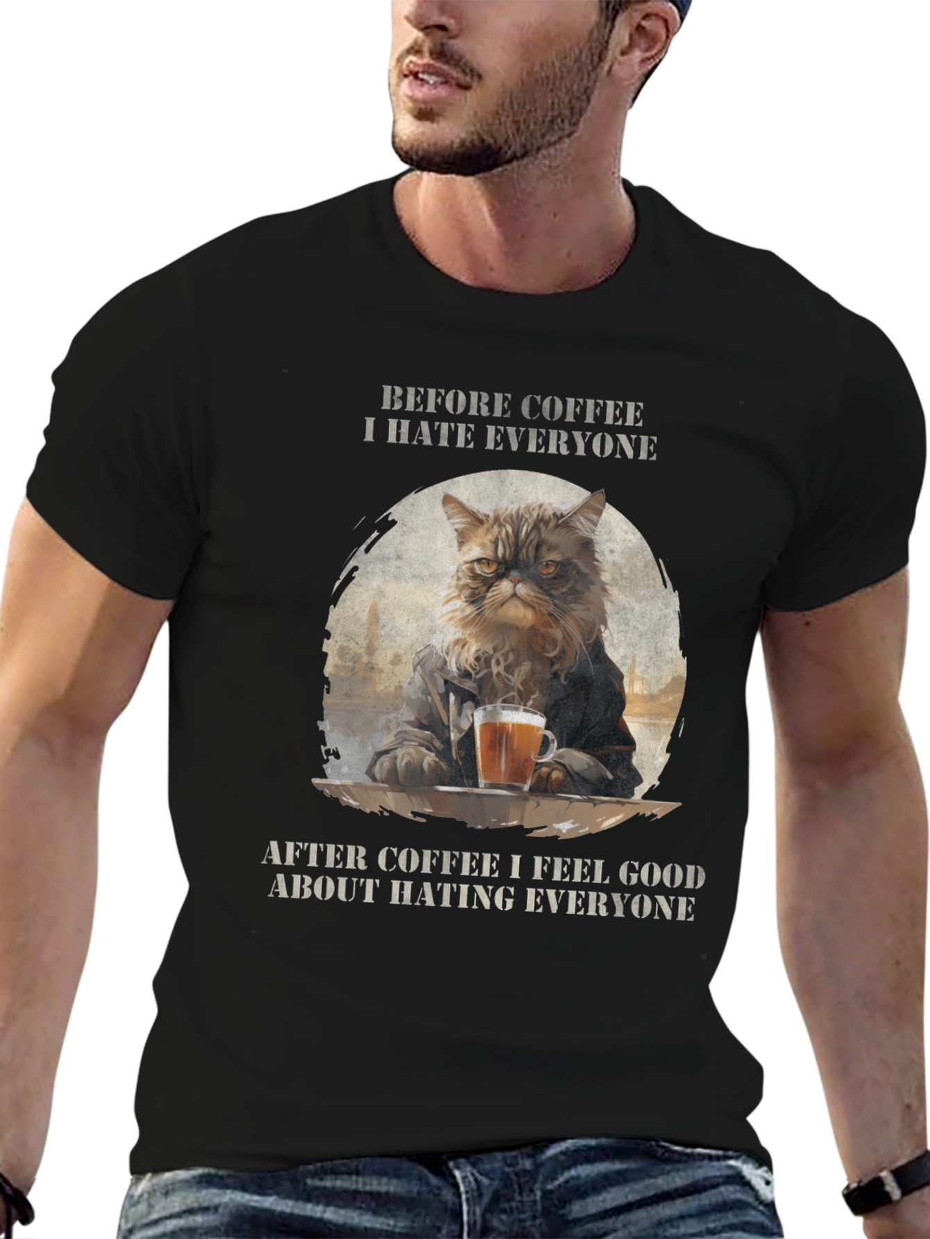 Cat Coffee Lover T-Shirt - Hate Everyone Design