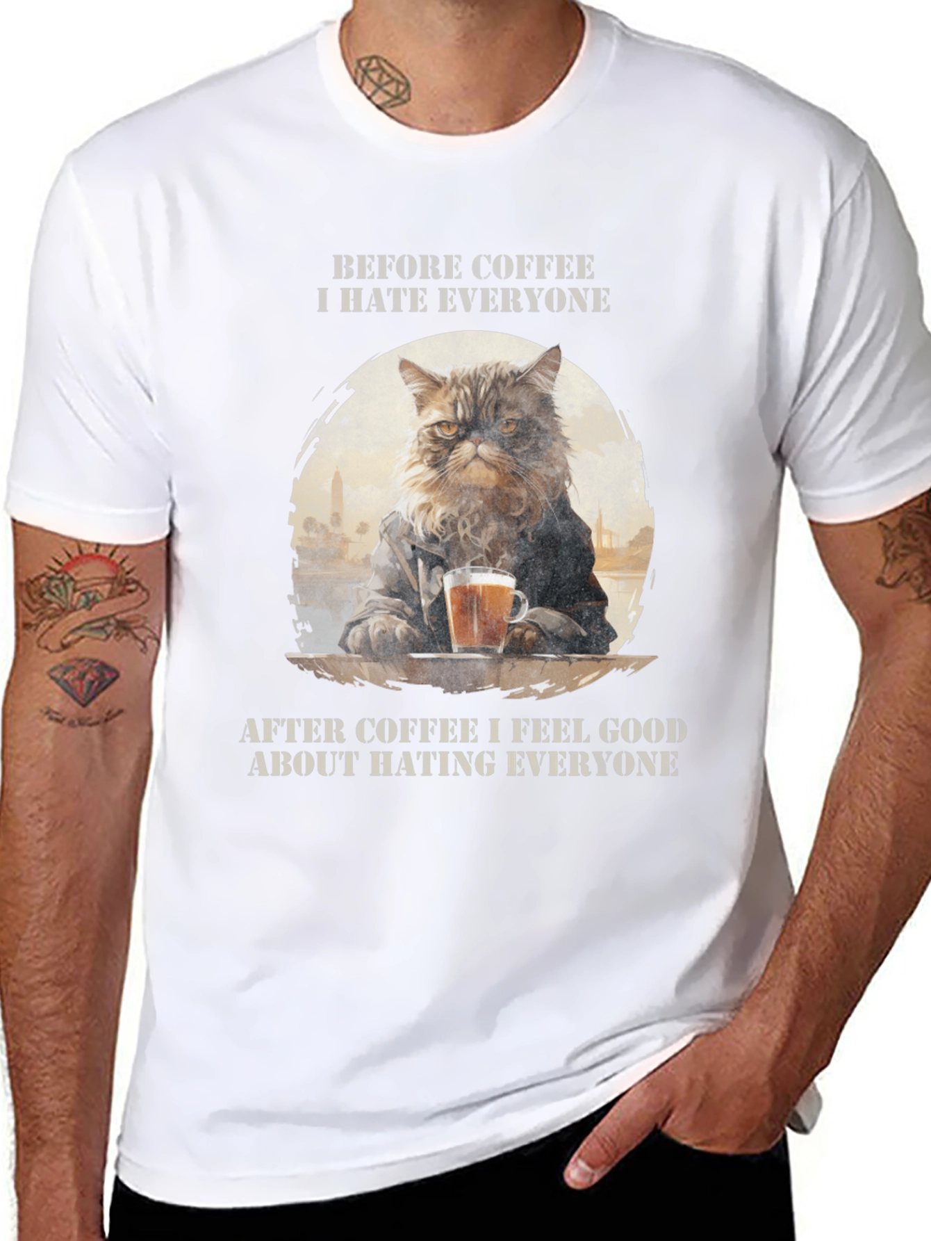 Cat Coffee Lover T-Shirt - Hate Everyone Design
