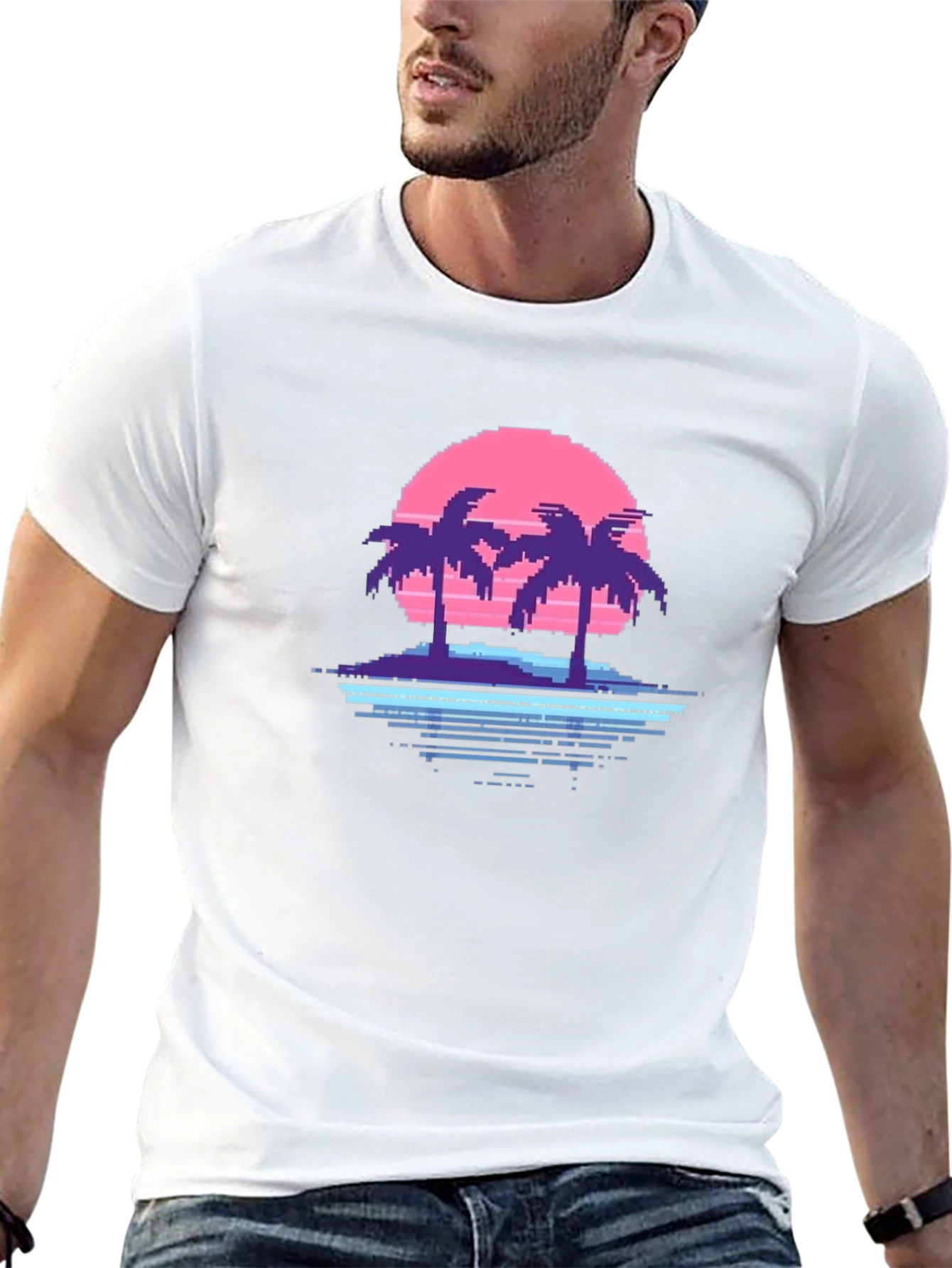 Retro Pixel Palm Tree Graphic T-Shirt - Black