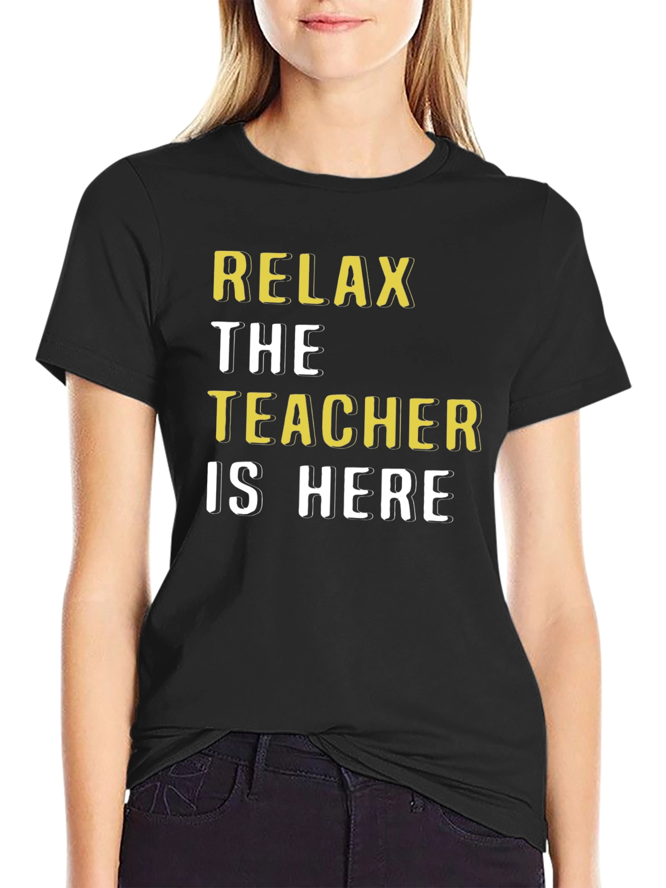 Relax The Teacher Is Here Black Cotton T-Shirt