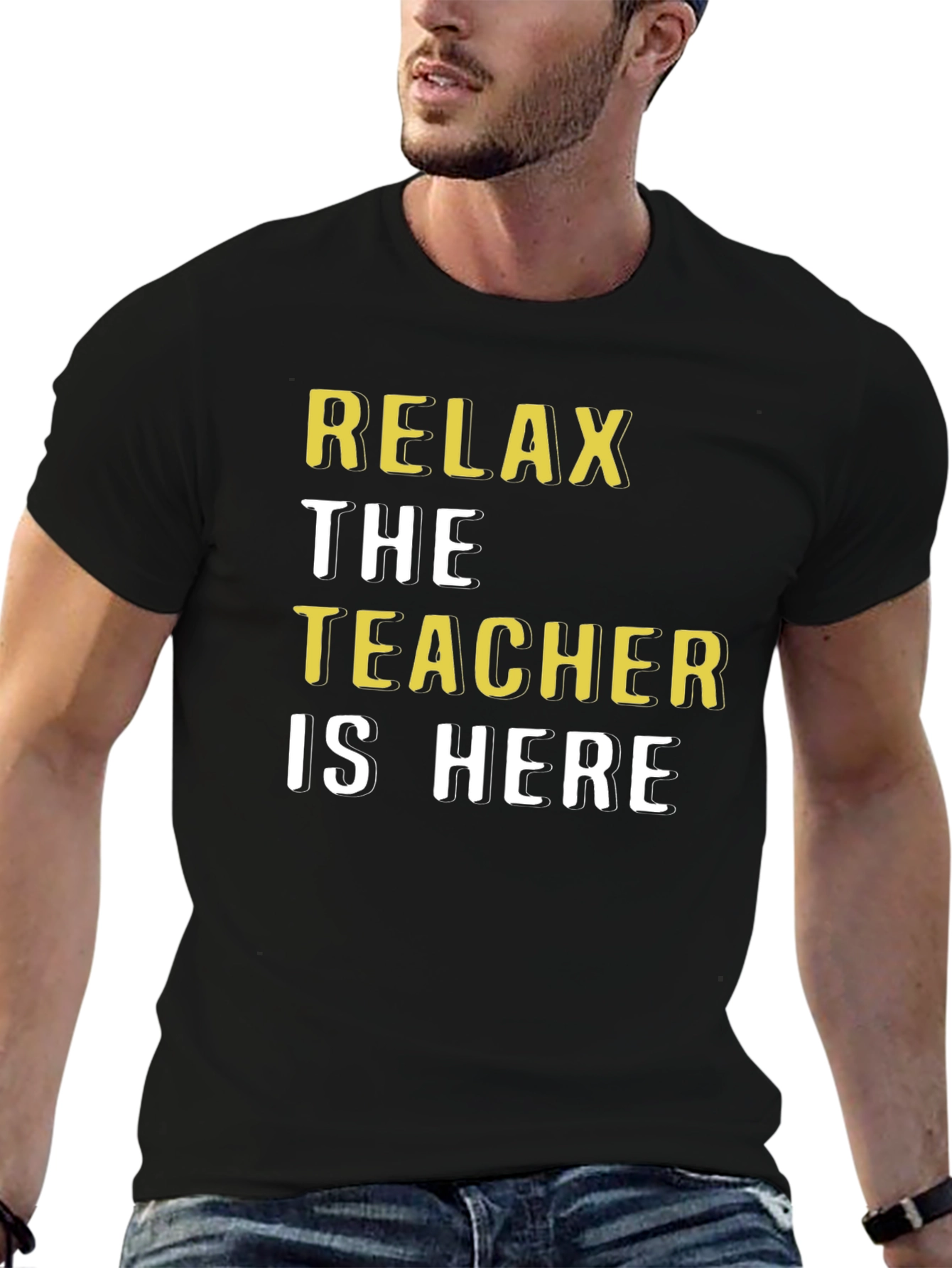 Relax The Teacher Is Here Black Cotton T-Shirt