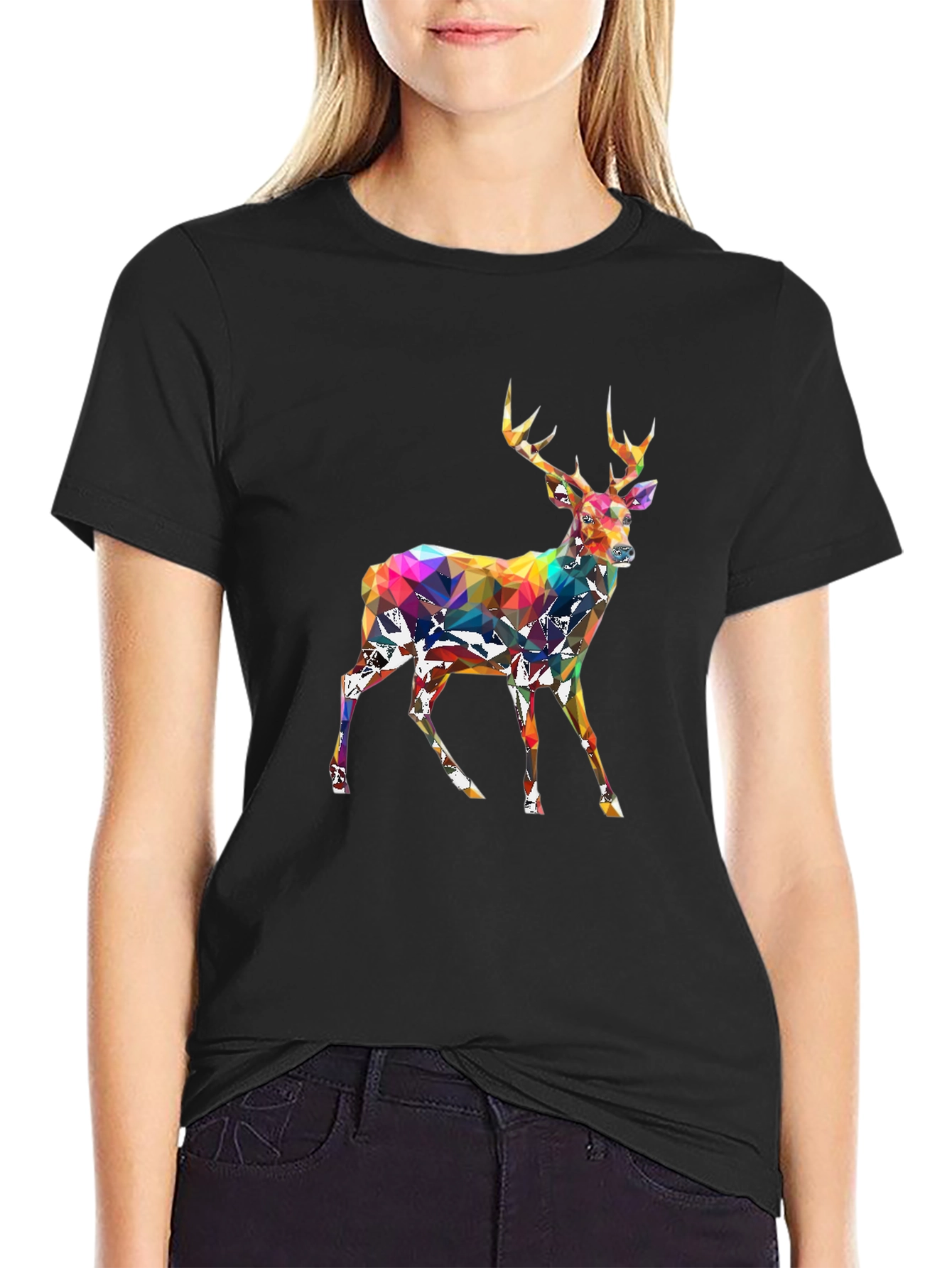 Geometric Deer Graphic Tee - Black Cotton Blend